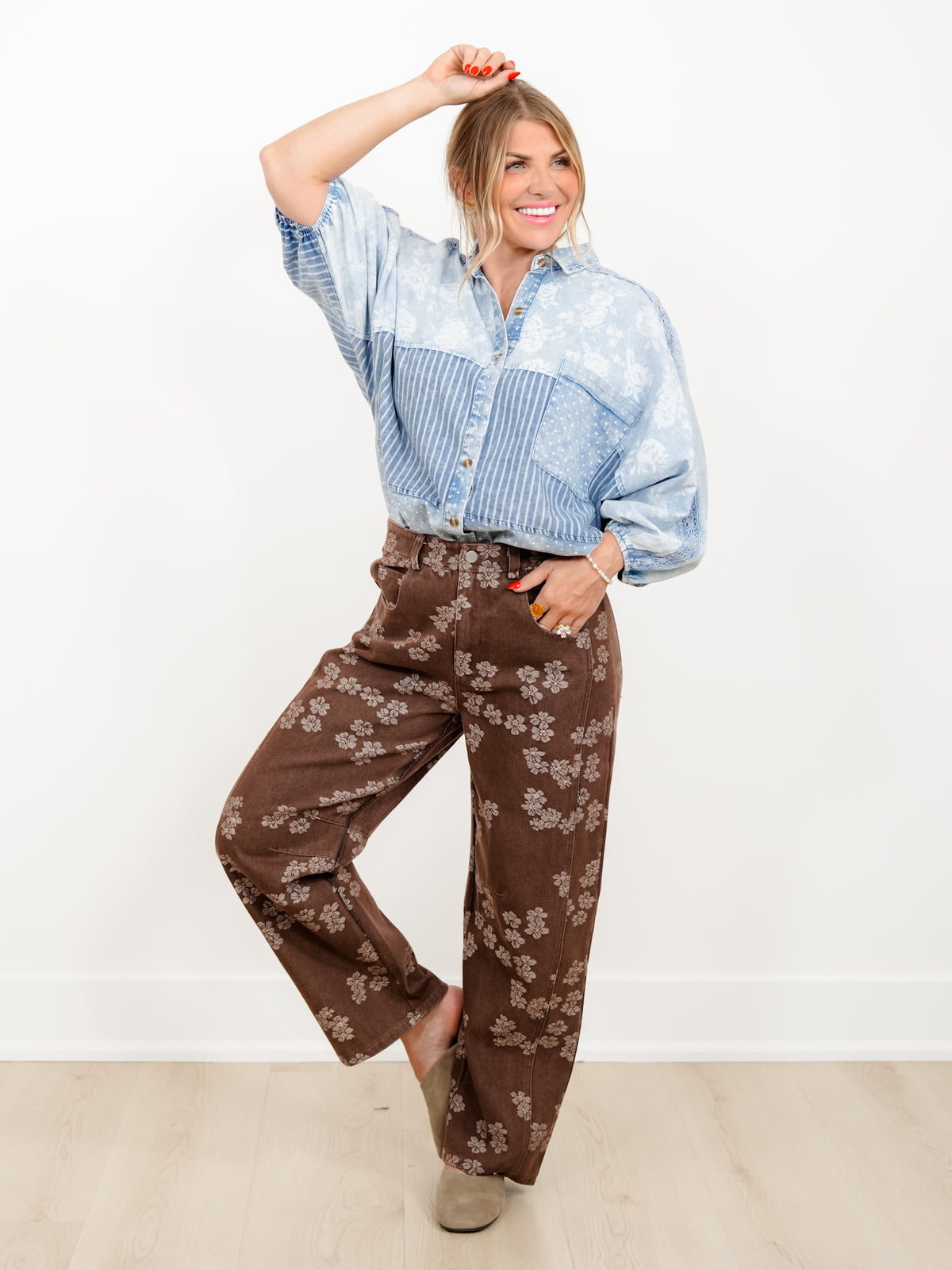 Plus/Reg Patchwork Long Dolman Sleeve Button Down Top