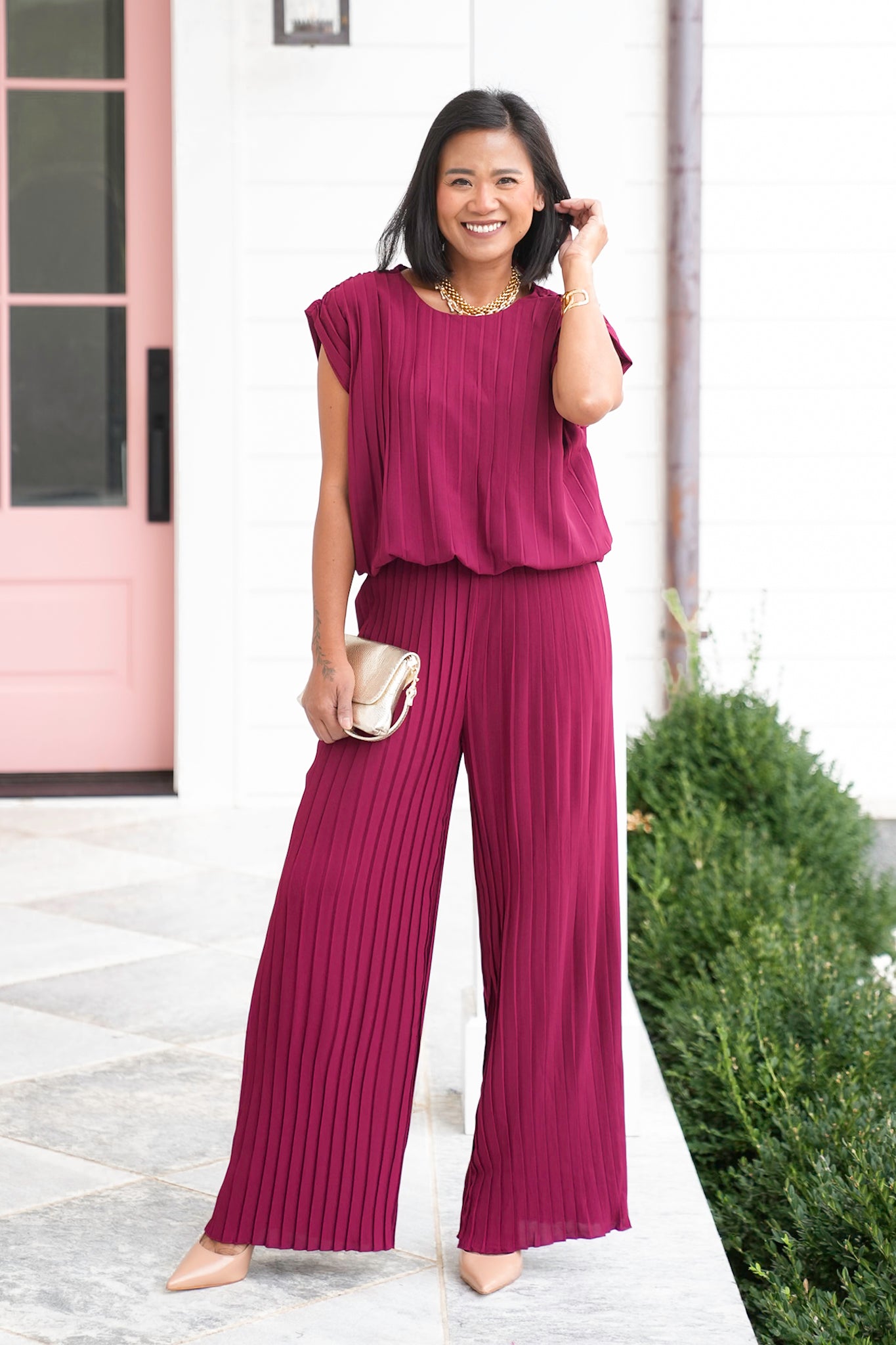 Sleeveless Pleated Top and Wide Leg Pants Set