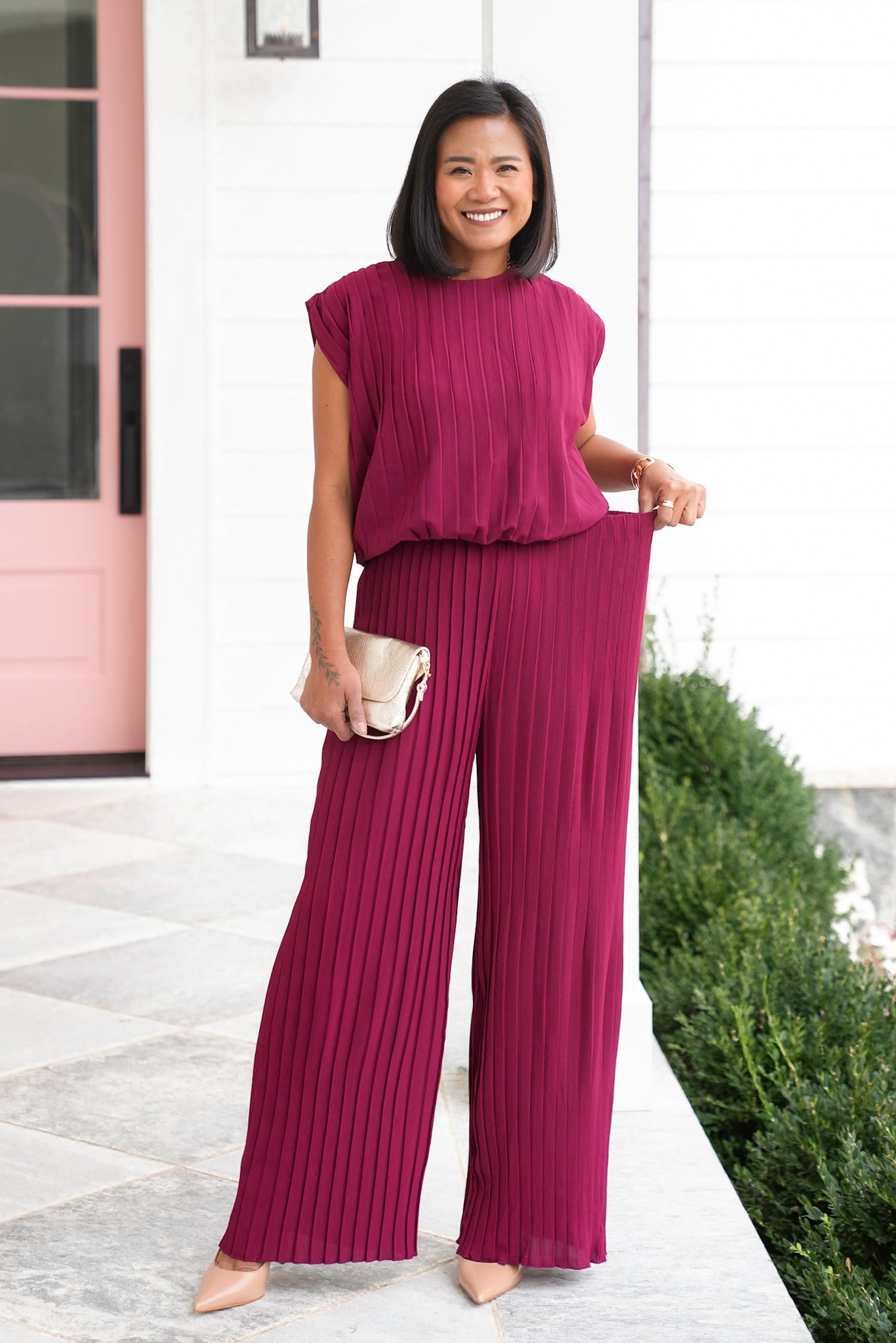 Sleeveless Pleated Top and Wide Leg Pants Set