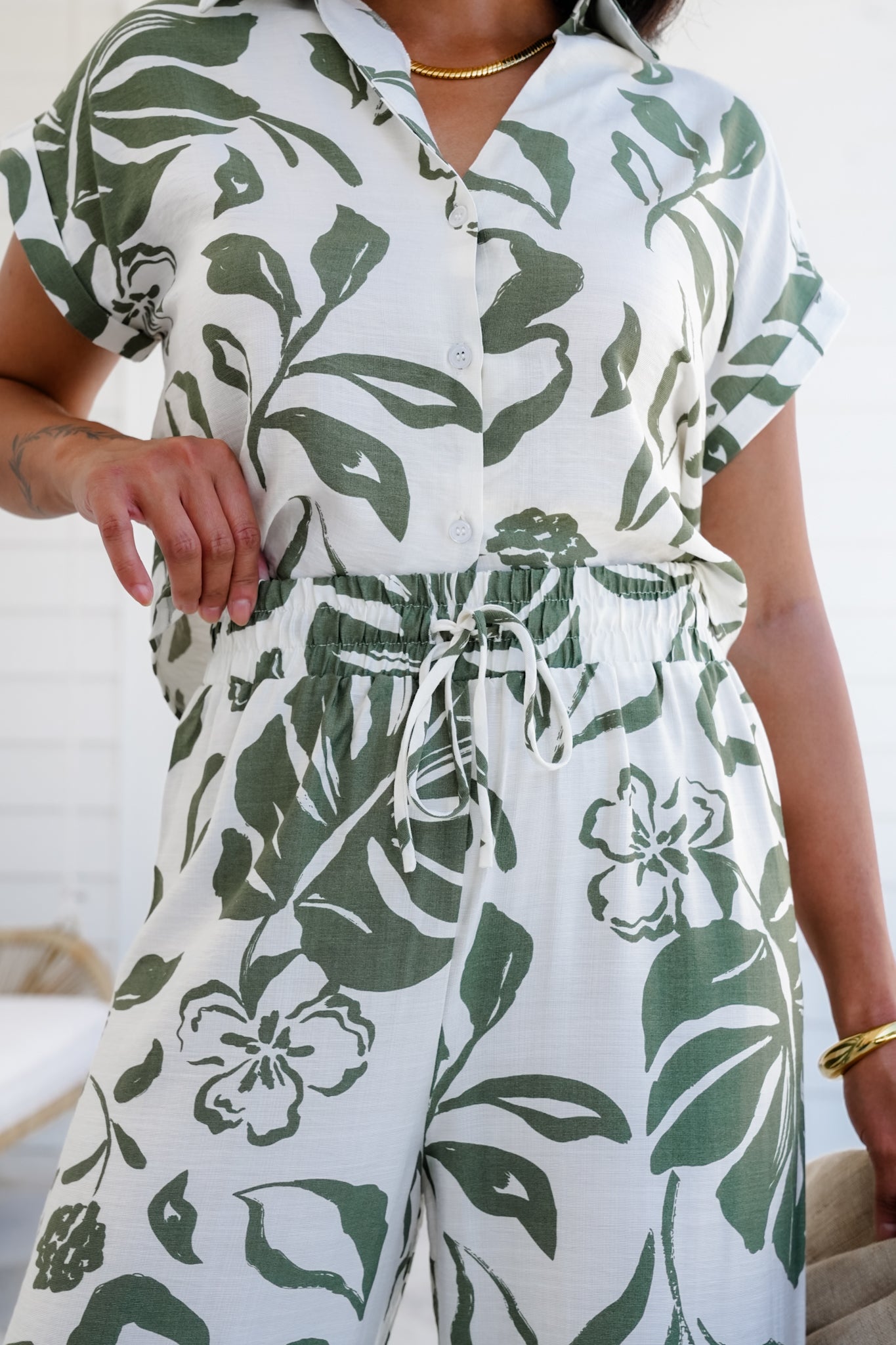 Olive Printed Short Sleeve Button Up Top and Pants Set