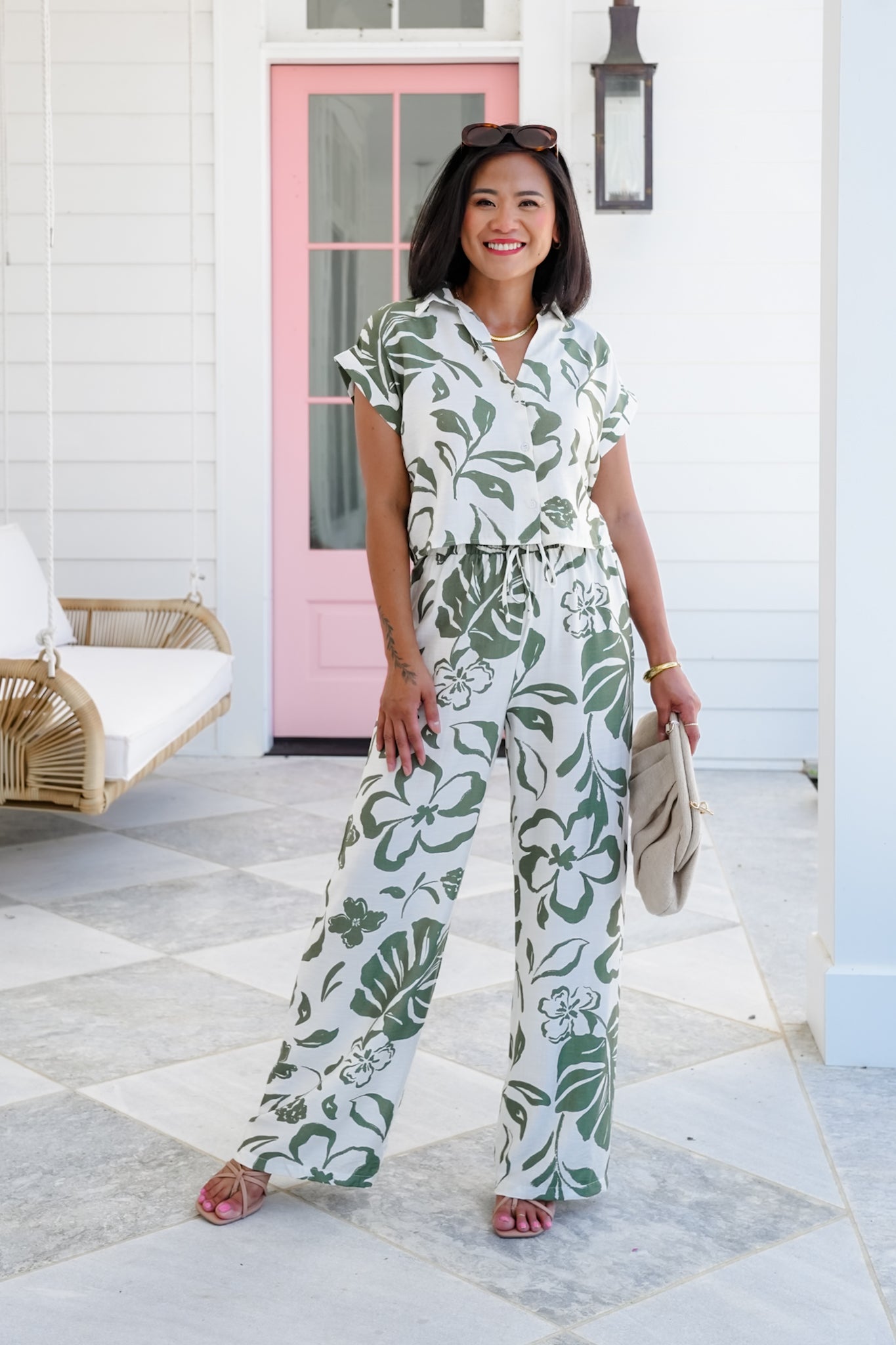 Olive Printed Short Sleeve Button Up Top and Pants Set