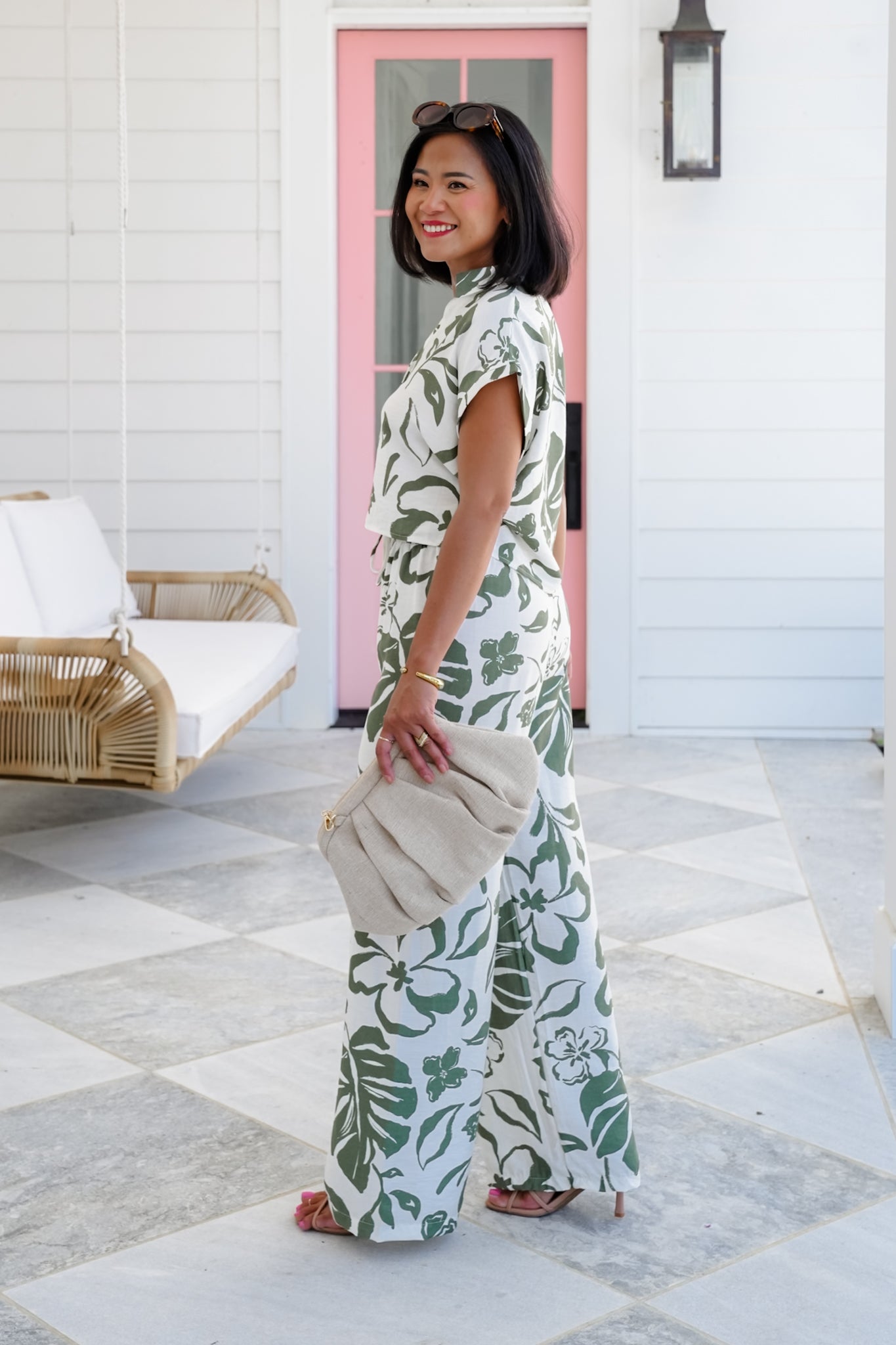 Olive Printed Short Sleeve Button Up Top and Pants Set