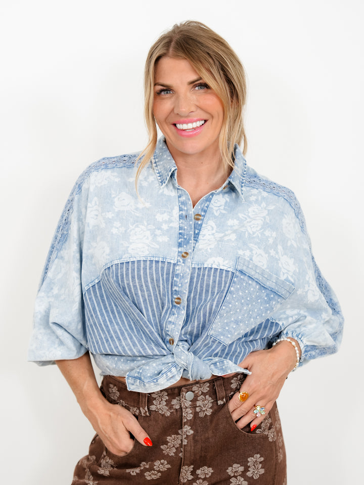 Plus/Reg Patchwork Long Dolman Sleeve Button Down Top
