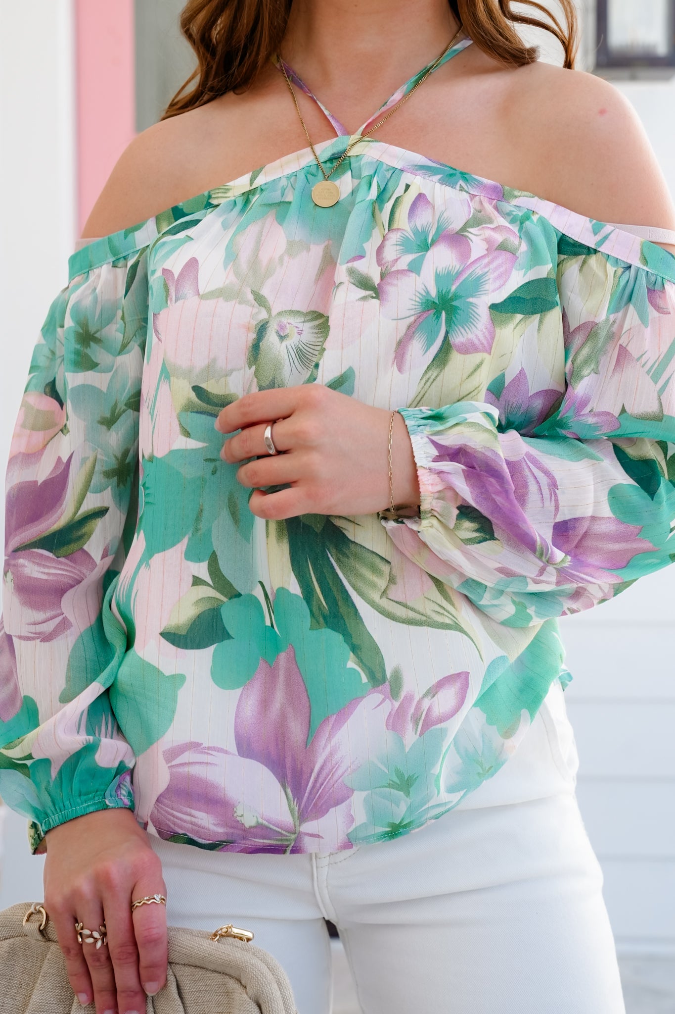 Floral Print Long Sleeve Cold Shoulder Blouse