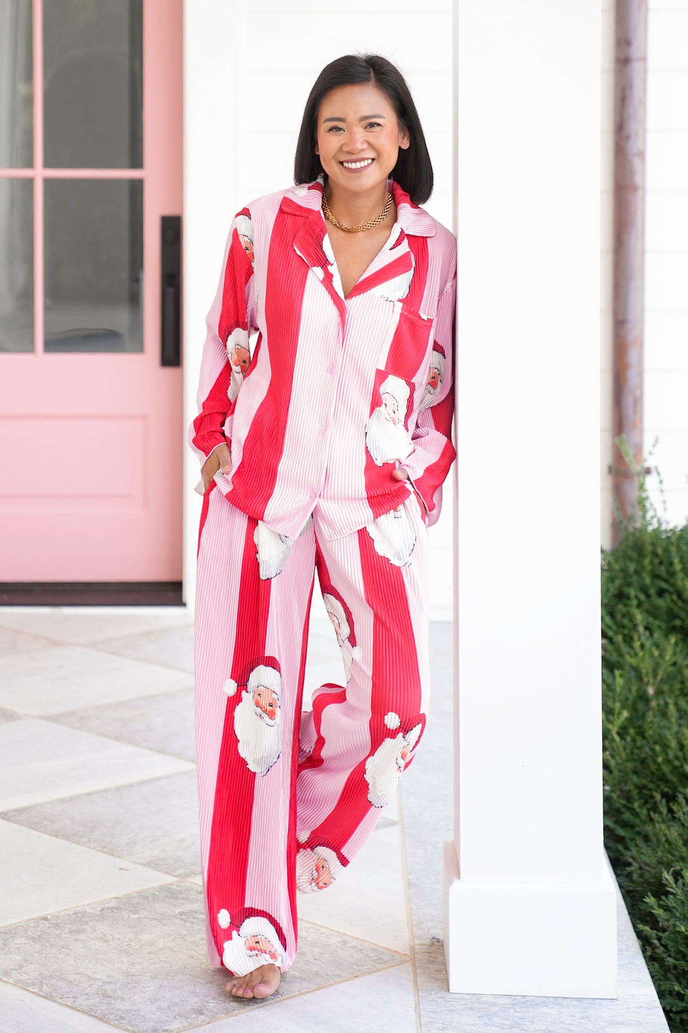 Stripe Long Sleeve Santa Top and Bottom Lounge Set