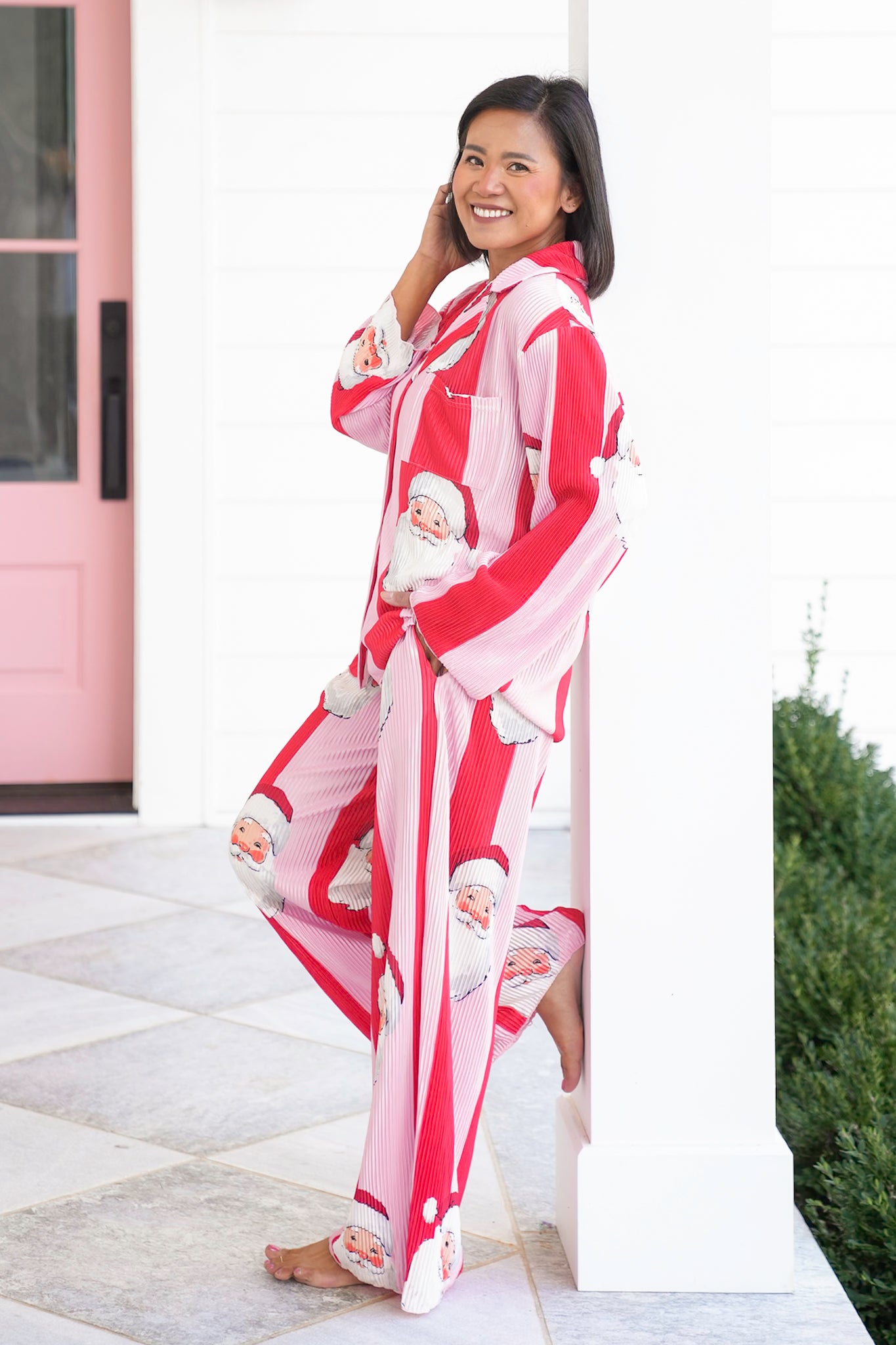 Stripe Long Sleeve Santa Top and Bottom Lounge Set