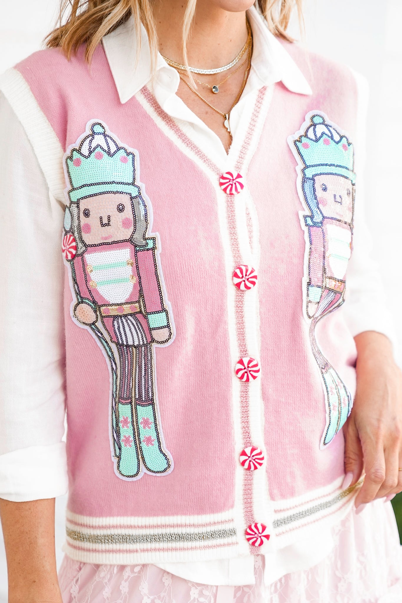 Plus/Reg Sequin Nutcracker Button Down Sweater Vest