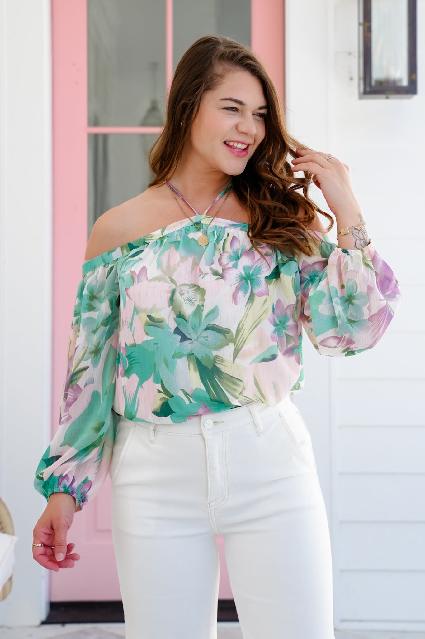Floral Print Long Sleeve Cold Shoulder Blouse