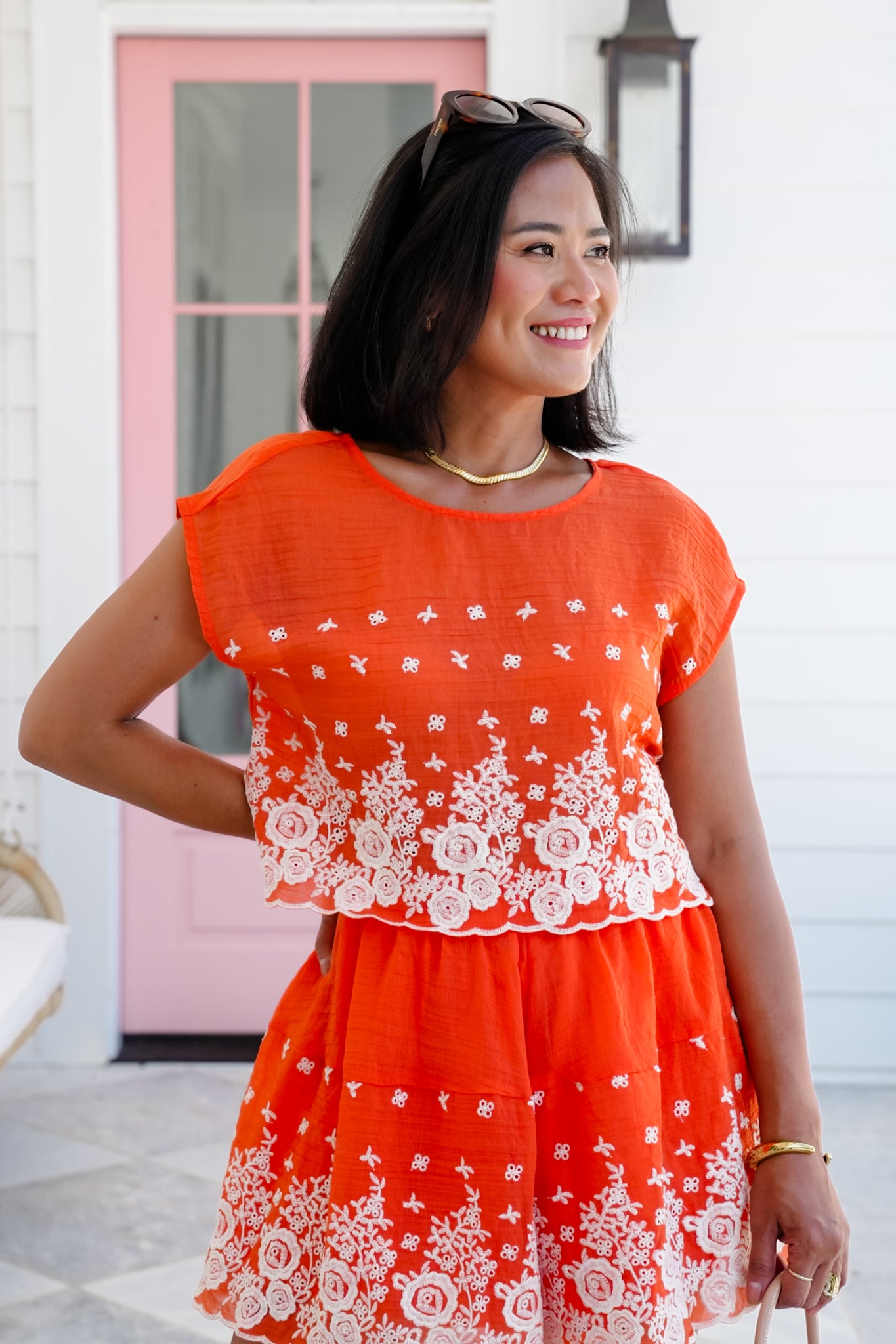 Orange Floral Short Sleeve Top And Short Set with Scallop Hem Detail