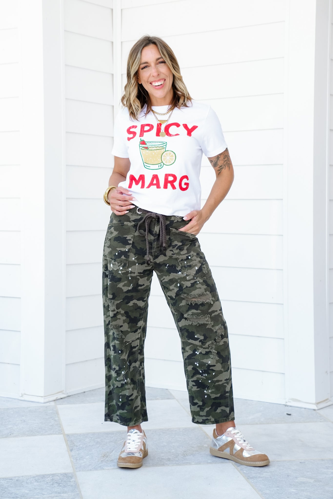 Distressed Camo Pants with Paint Splatter Detail