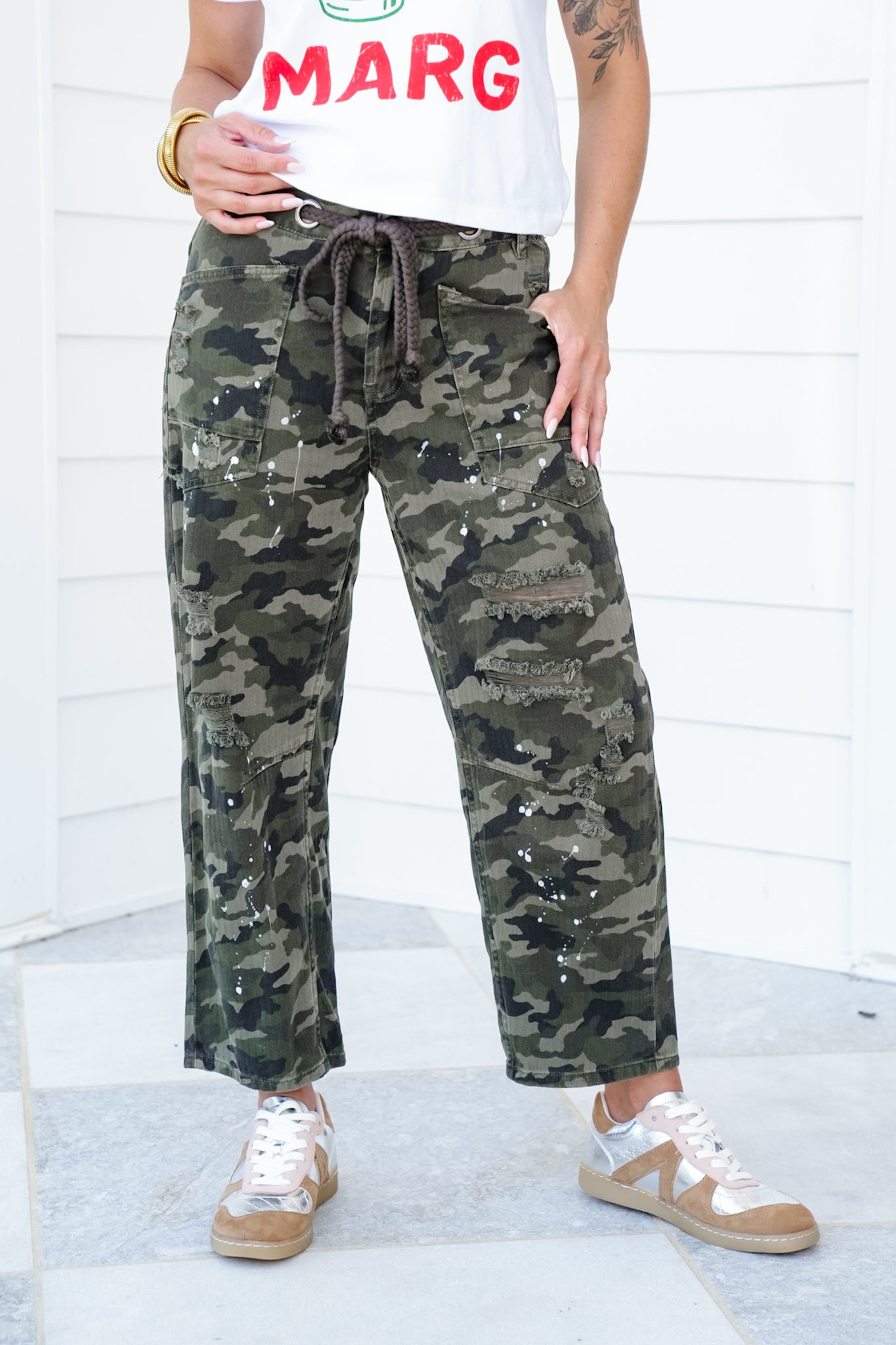 Distressed Camo Pants with Paint Splatter Detail