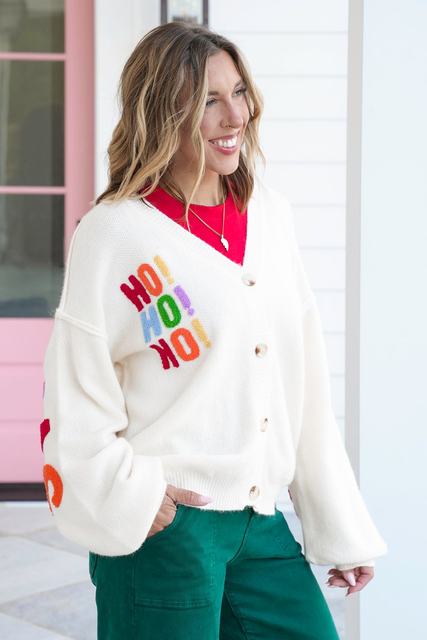 Knit Long Sleeve Cardigan with ''Merry Christmas'' Patchwork