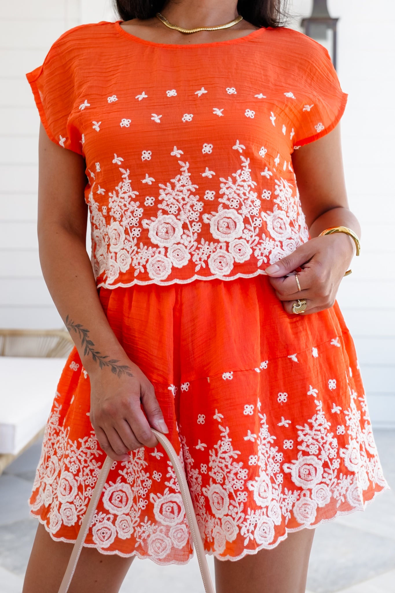 Orange Floral Short Sleeve Top And Short Set with Scallop Hem Detail
