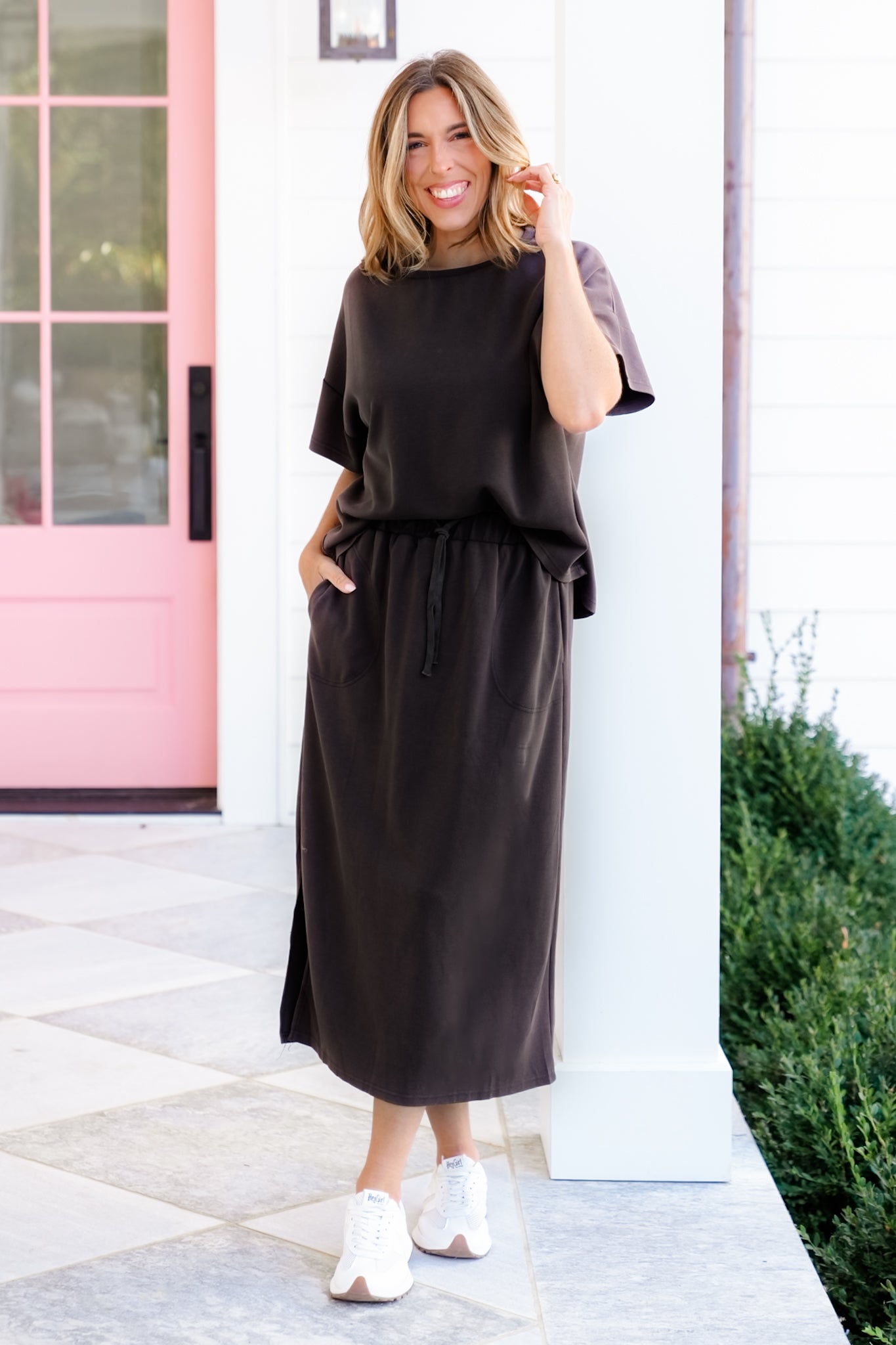 Plus/Reg Solid Short Sleeve Top With Elastic Waist Midi Skirt Set