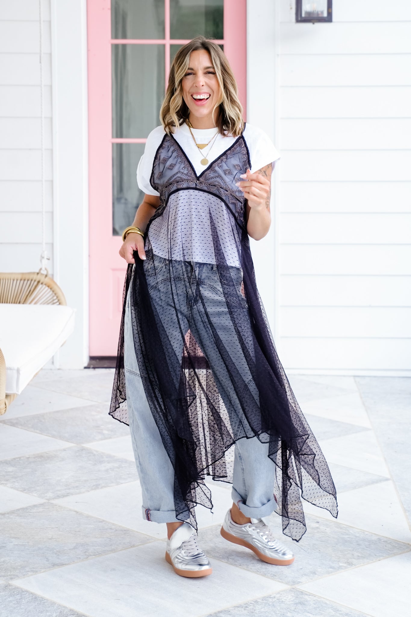 Short Sleeve Layered Sheer Embroidered Maxi Top