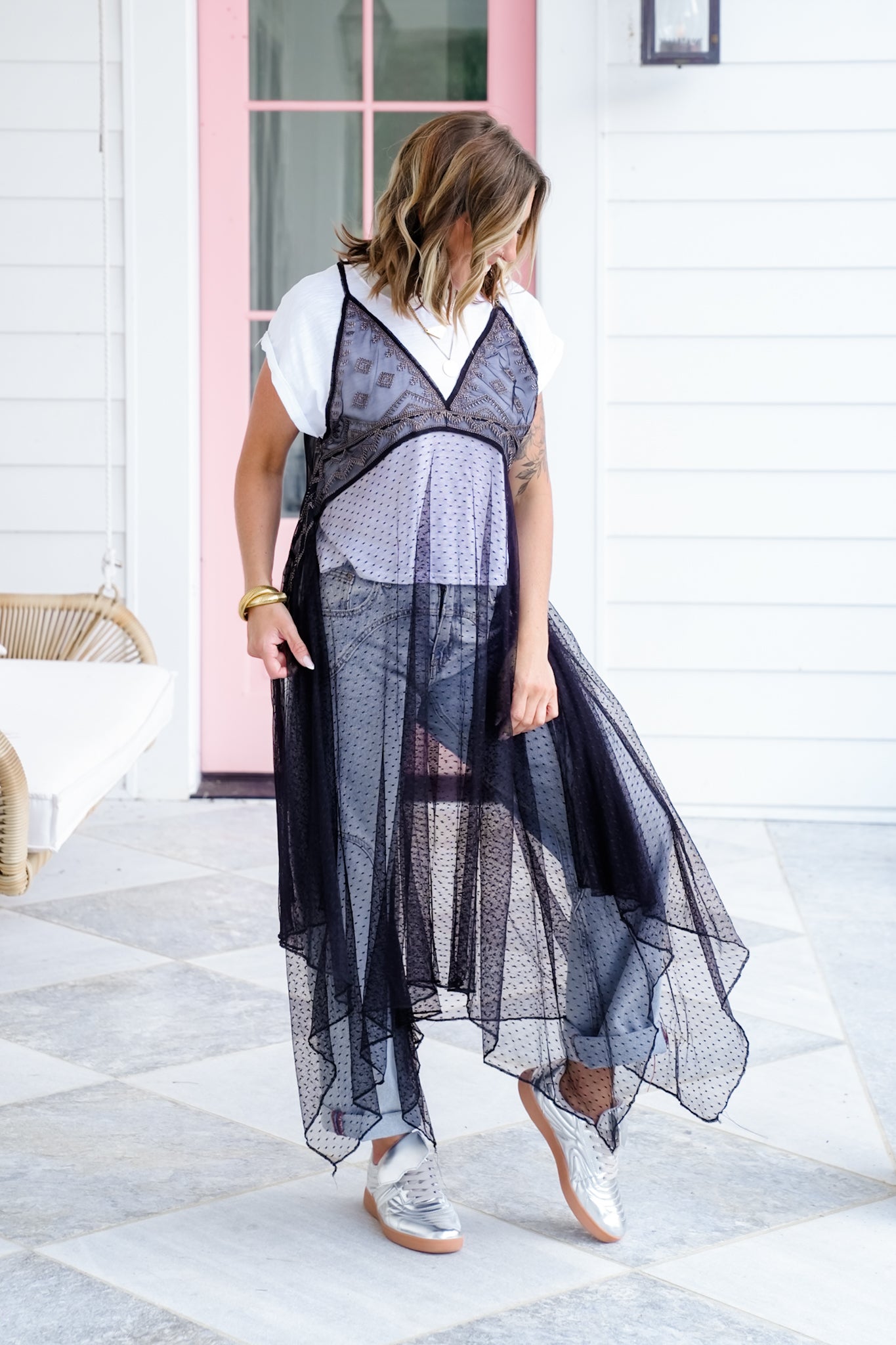 Short Sleeve Layered Sheer Embroidered Maxi Top