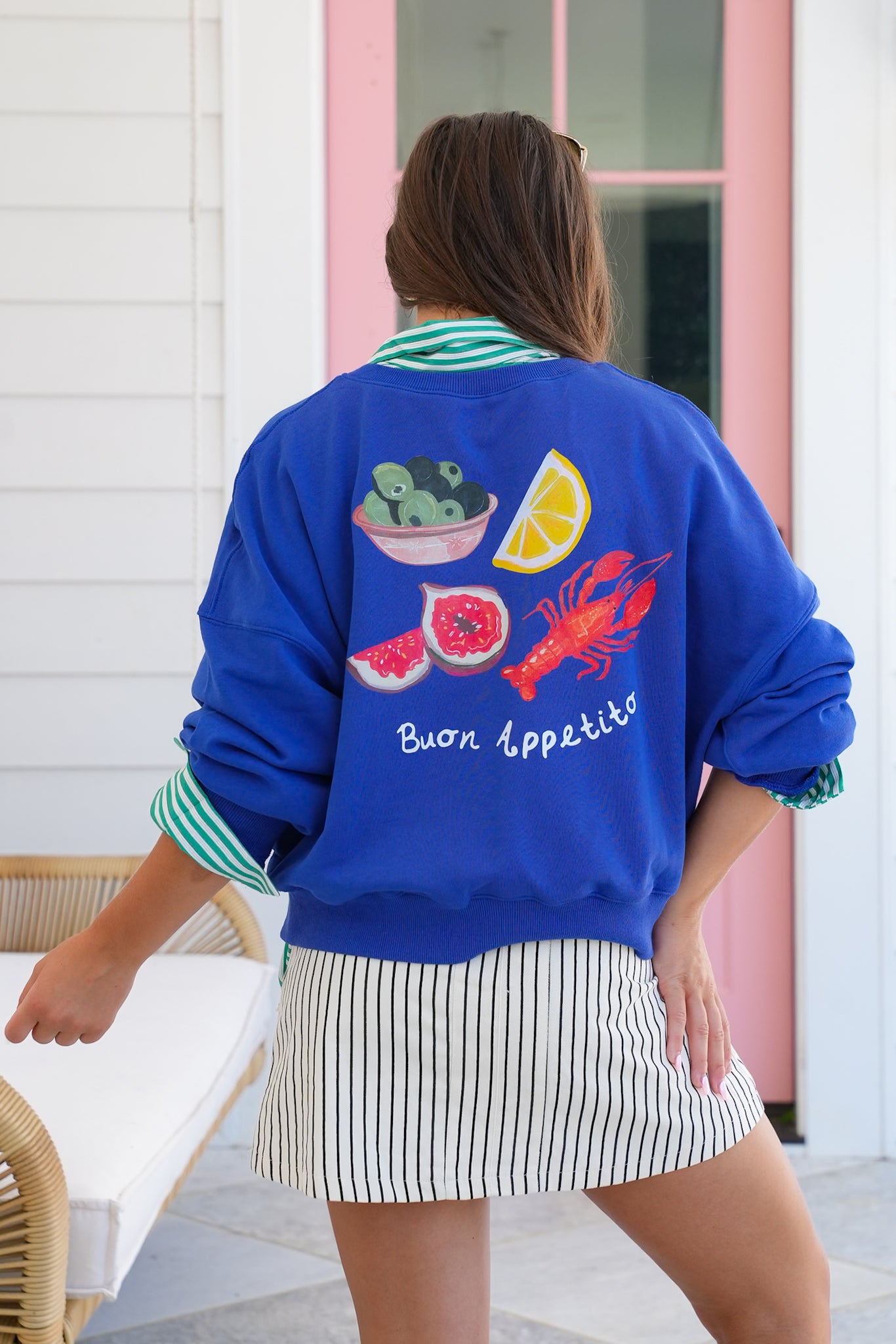 Long Sleeve Crew Neck Sweatshirt with Fruit and Lobster "Buon Appetito"