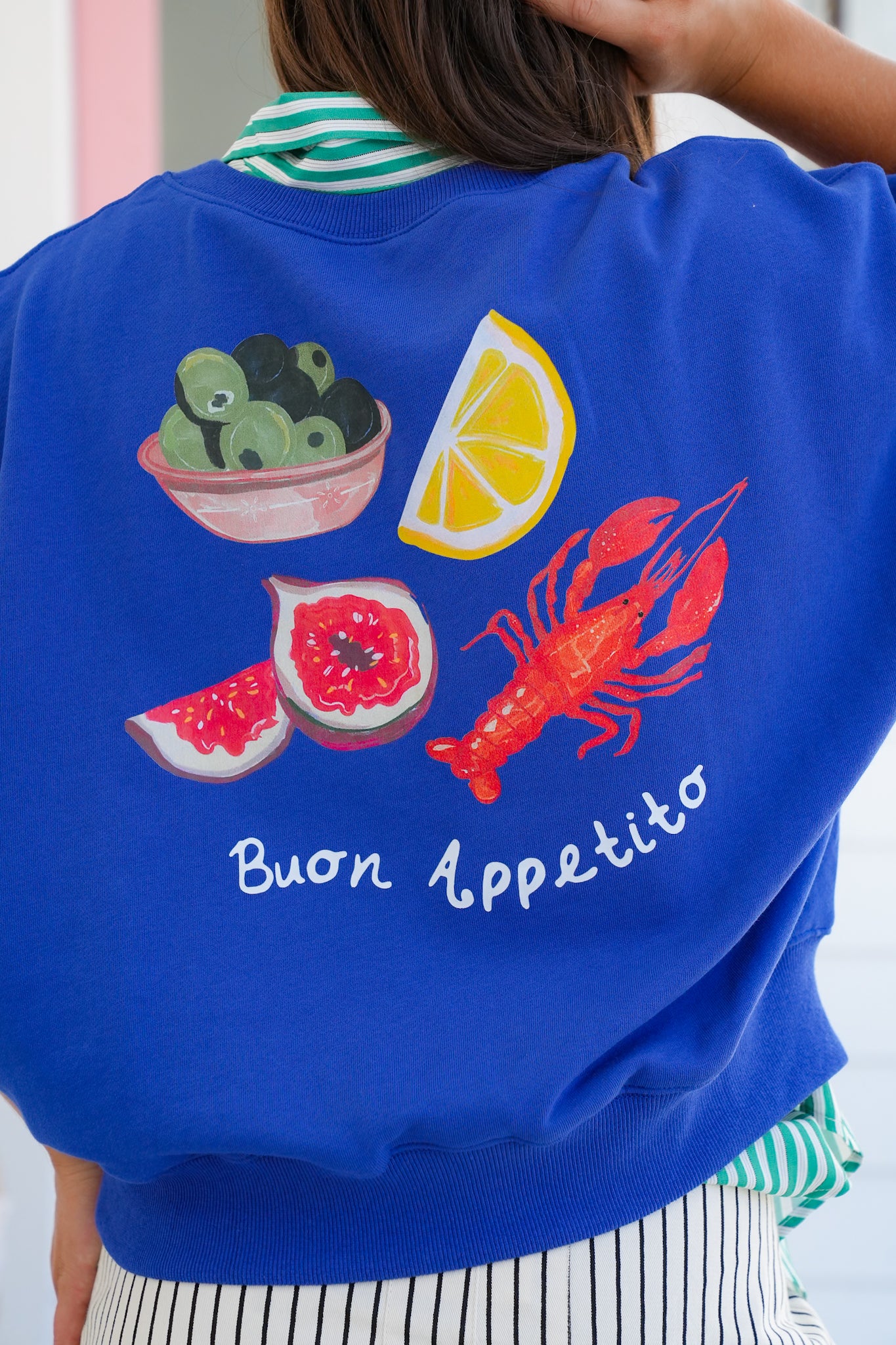 Long Sleeve Crew Neck Sweatshirt with Fruit and Lobster "Buon Appetito"
