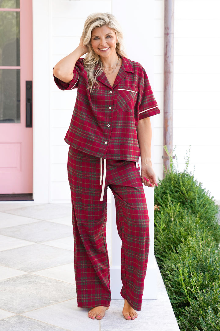 Plus/Reg Plaid Short Sleeve Top and Pants Lounge Set
