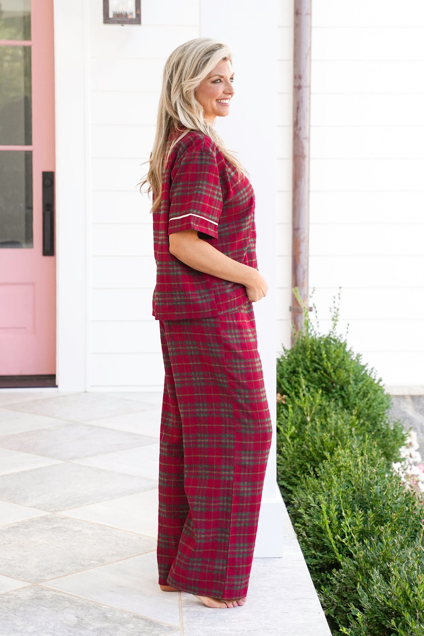 Plus/Reg Plaid Short Sleeve Top and Pants Lounge Set