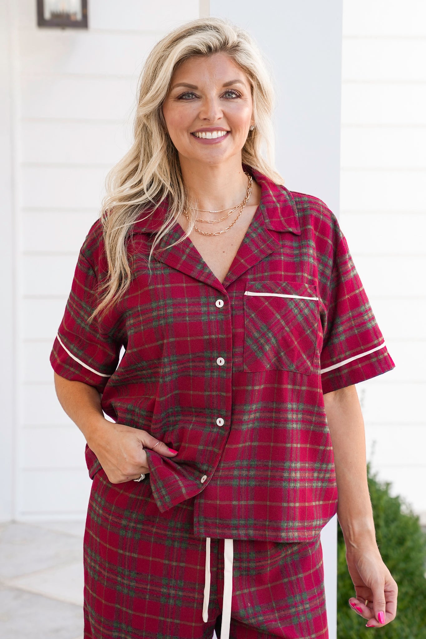 Plus/Reg Plaid Short Sleeve Top and Pants Lounge Set