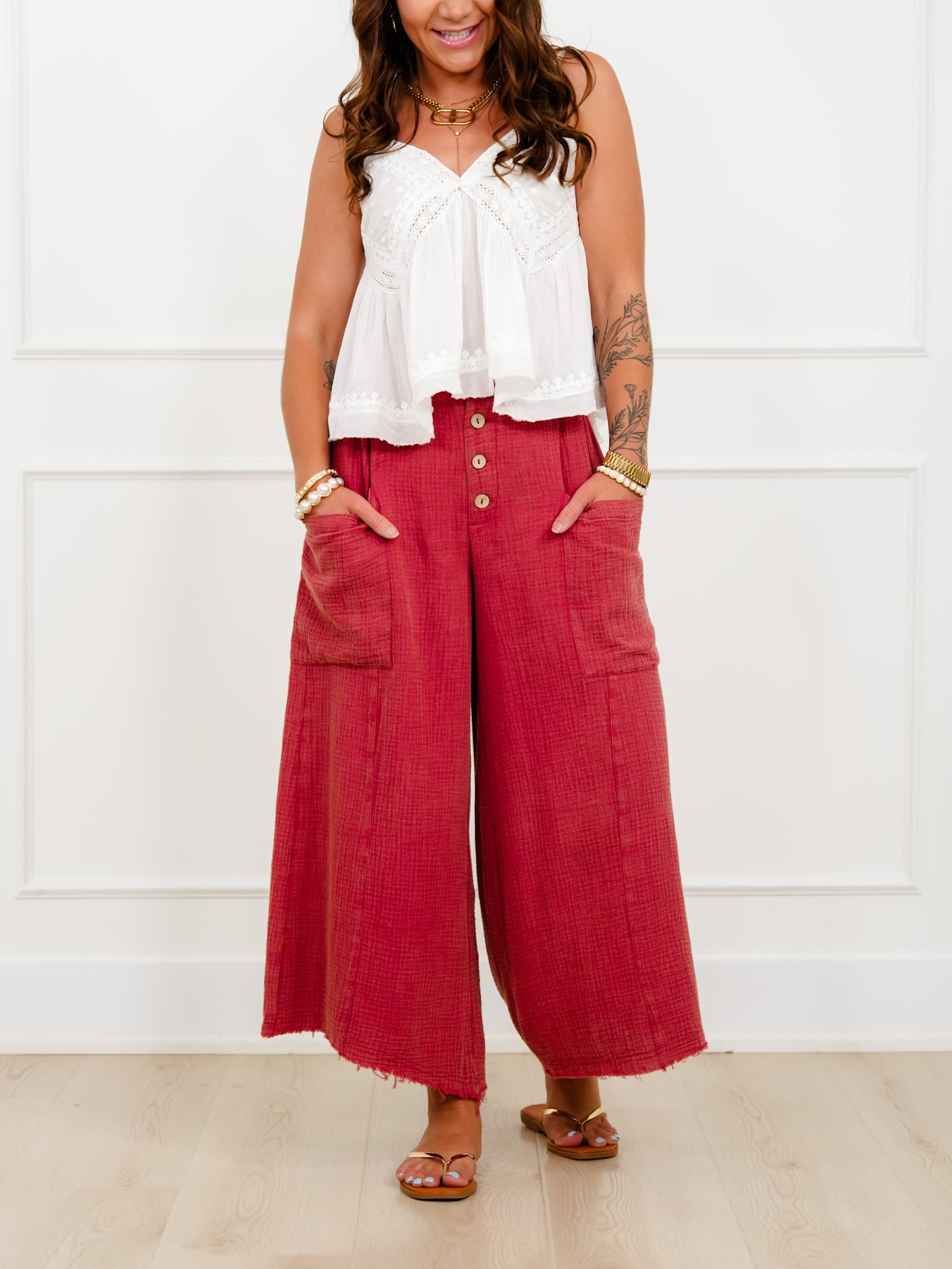Plus/Reg Gauze Elastic Waist Button Fly Wide Leg Pants