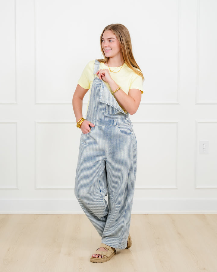 Plus/Reg Stripe Pattern Barrel Leg Overalls