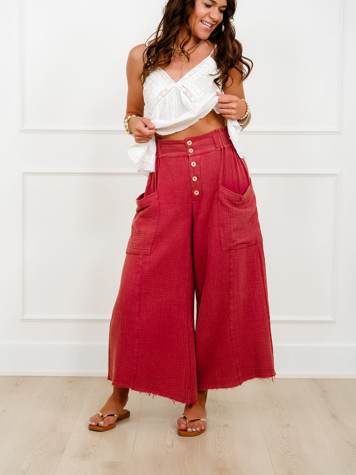 Plus/Reg Gauze Elastic Waist Button Fly Wide Leg Pants
