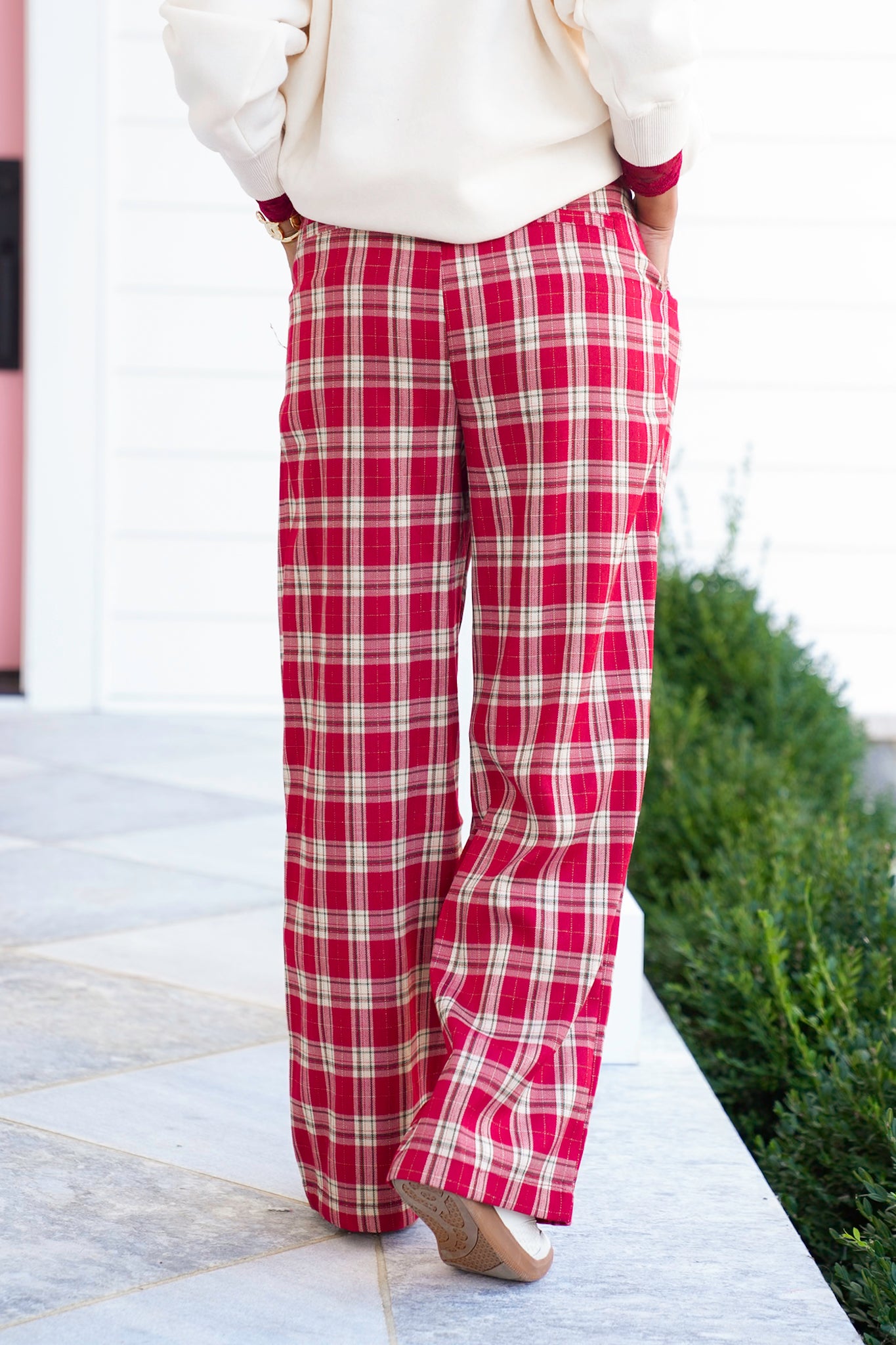 Red Plaid Wide Leg Pants with Side Pockets