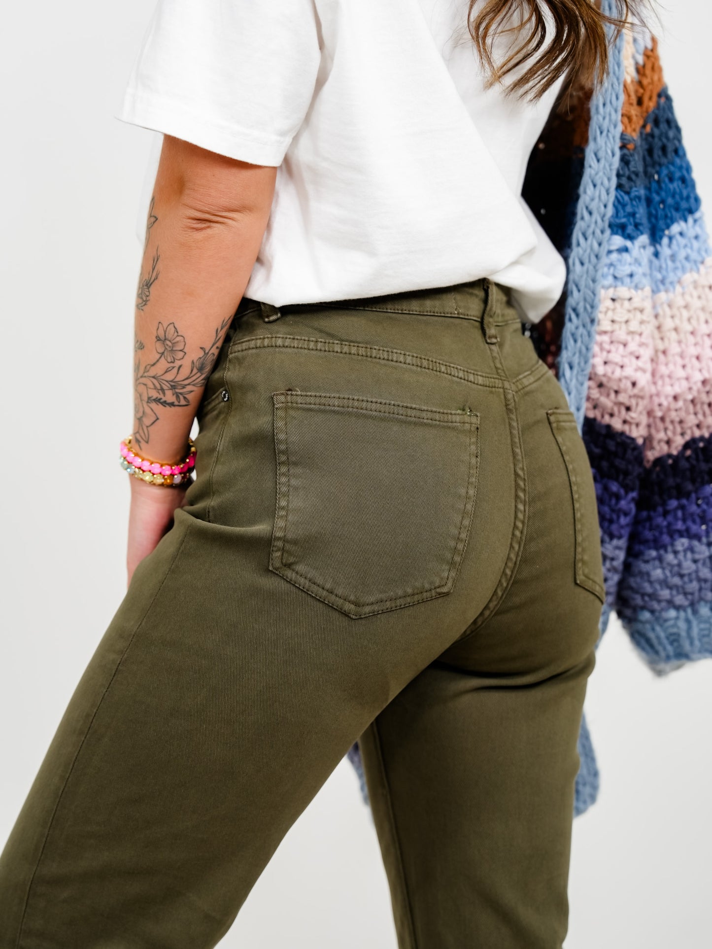 Dark Green Straight Leg Pants With Cropped Hem