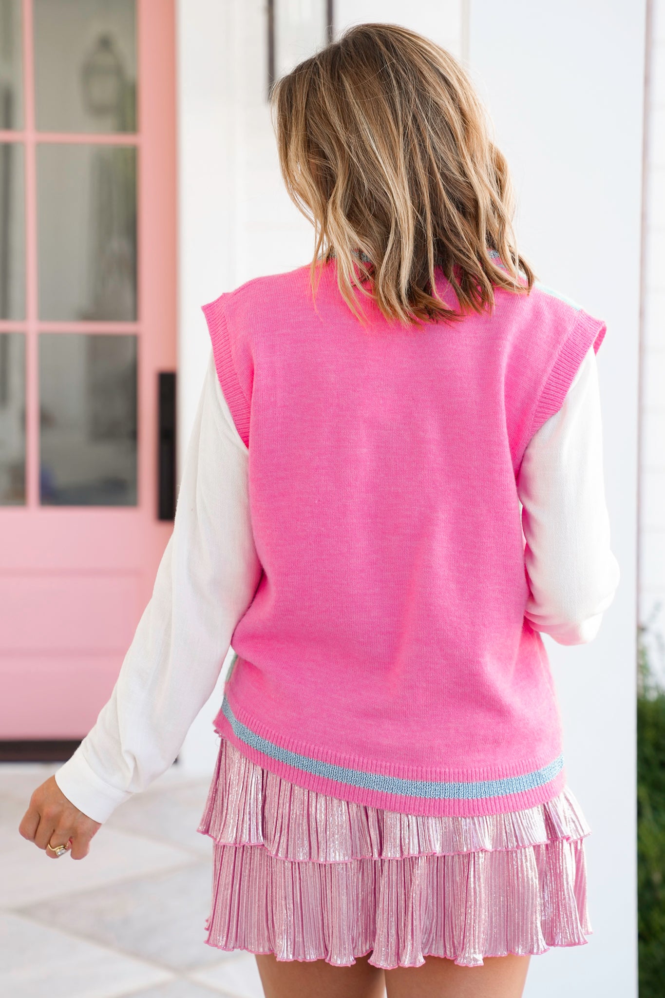 Plus/Reg Glitter "Merry & Bright" Button Down Sweater Vest