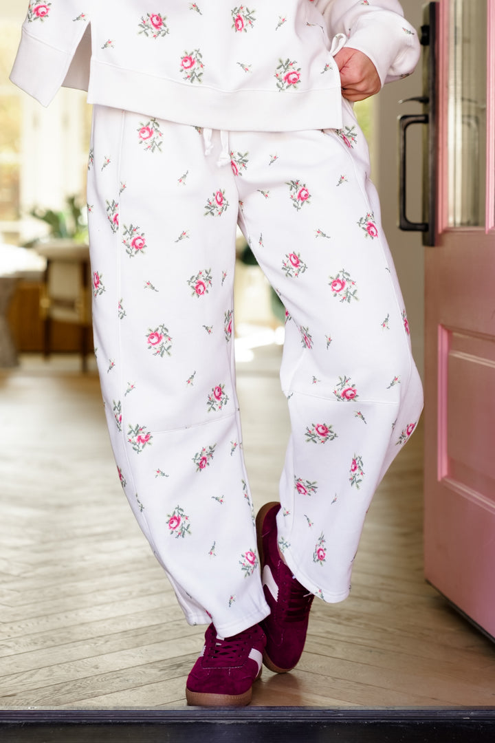 Floral Print Fleece Elastic Waist Sweatpants