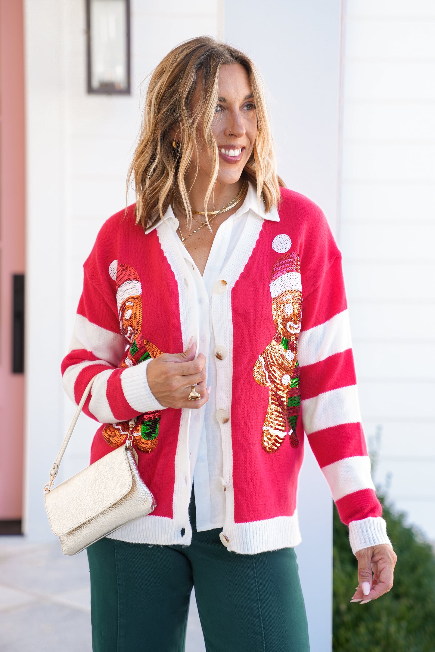 Plus/Reg Long Sleeve Sequin Gingerbread Man Cardigan