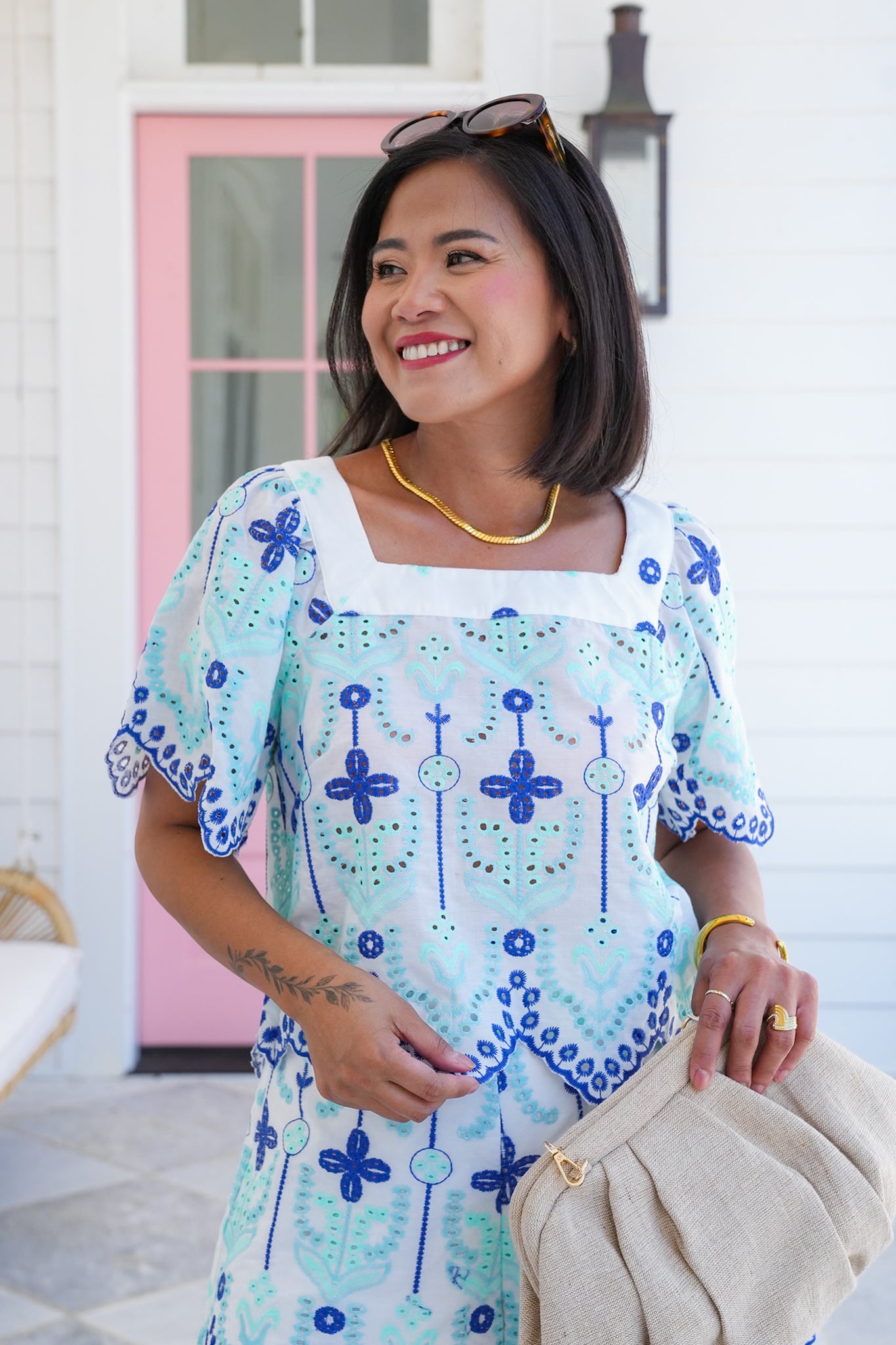Embroidered Short Sleeve Top with Back Tie Detail