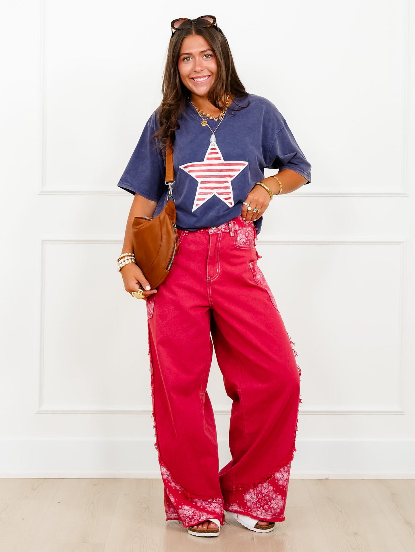Vintage Wash Short Sleeve V Neck Top with Stripe Star