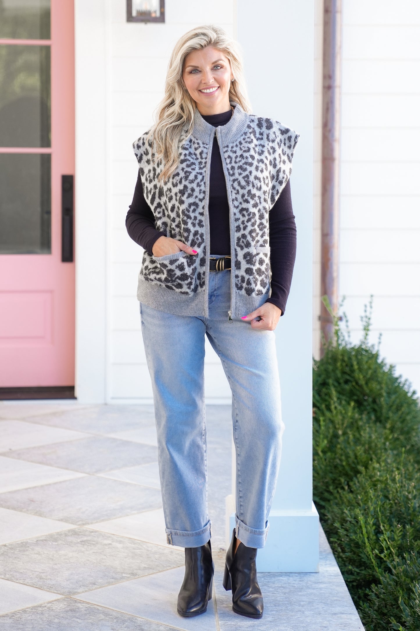 Leopard Zip-Up Sweater Vest
