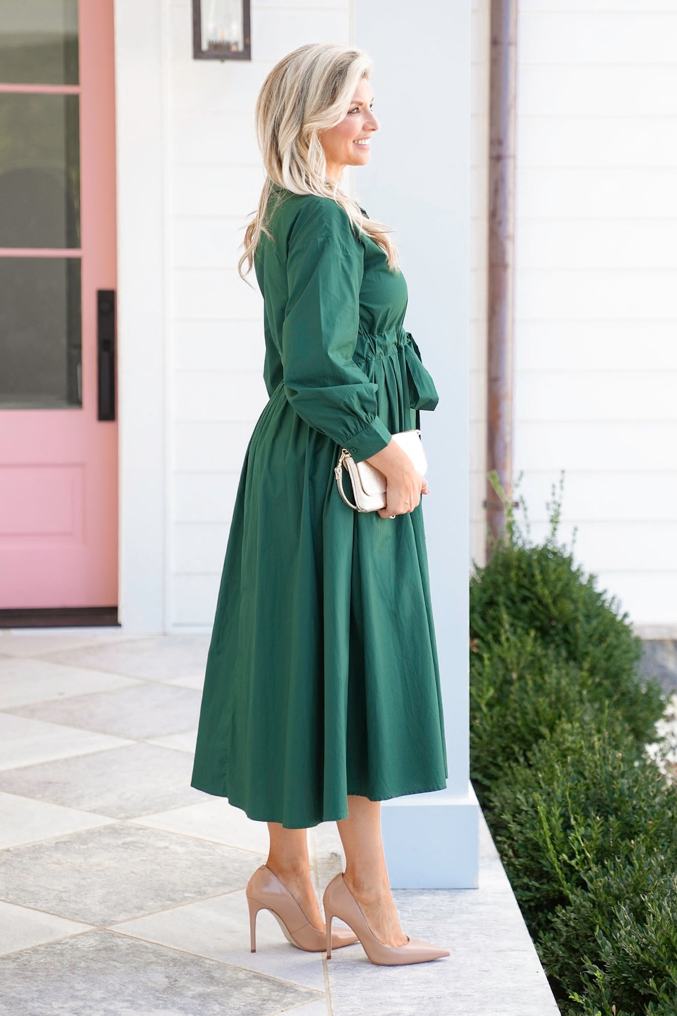 Long Sleeve Button Down Midi Dress with Front Pocket