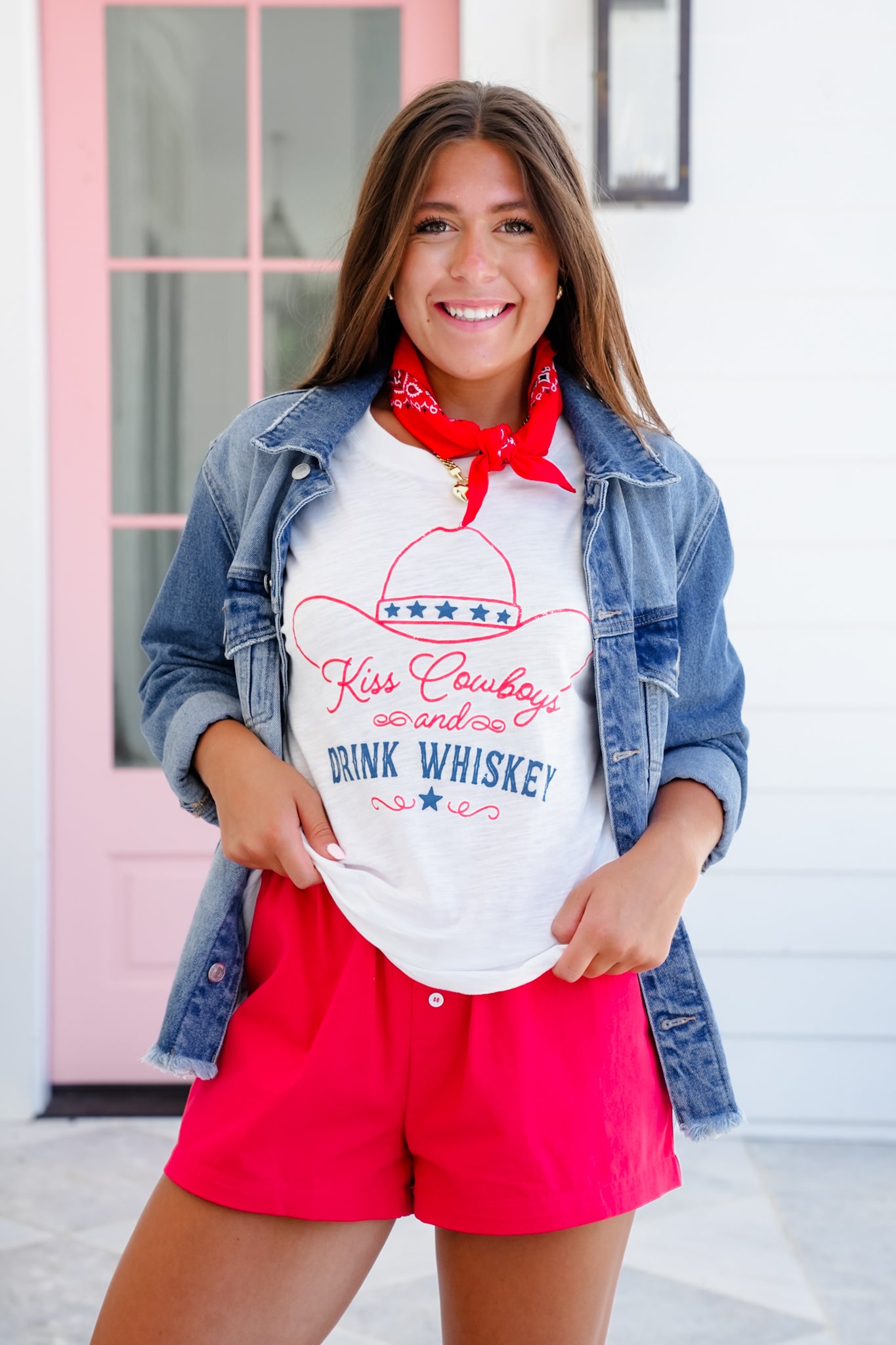 Short Sleeve "Kiss Cowboys and Drink Whiskey" Graphic Top