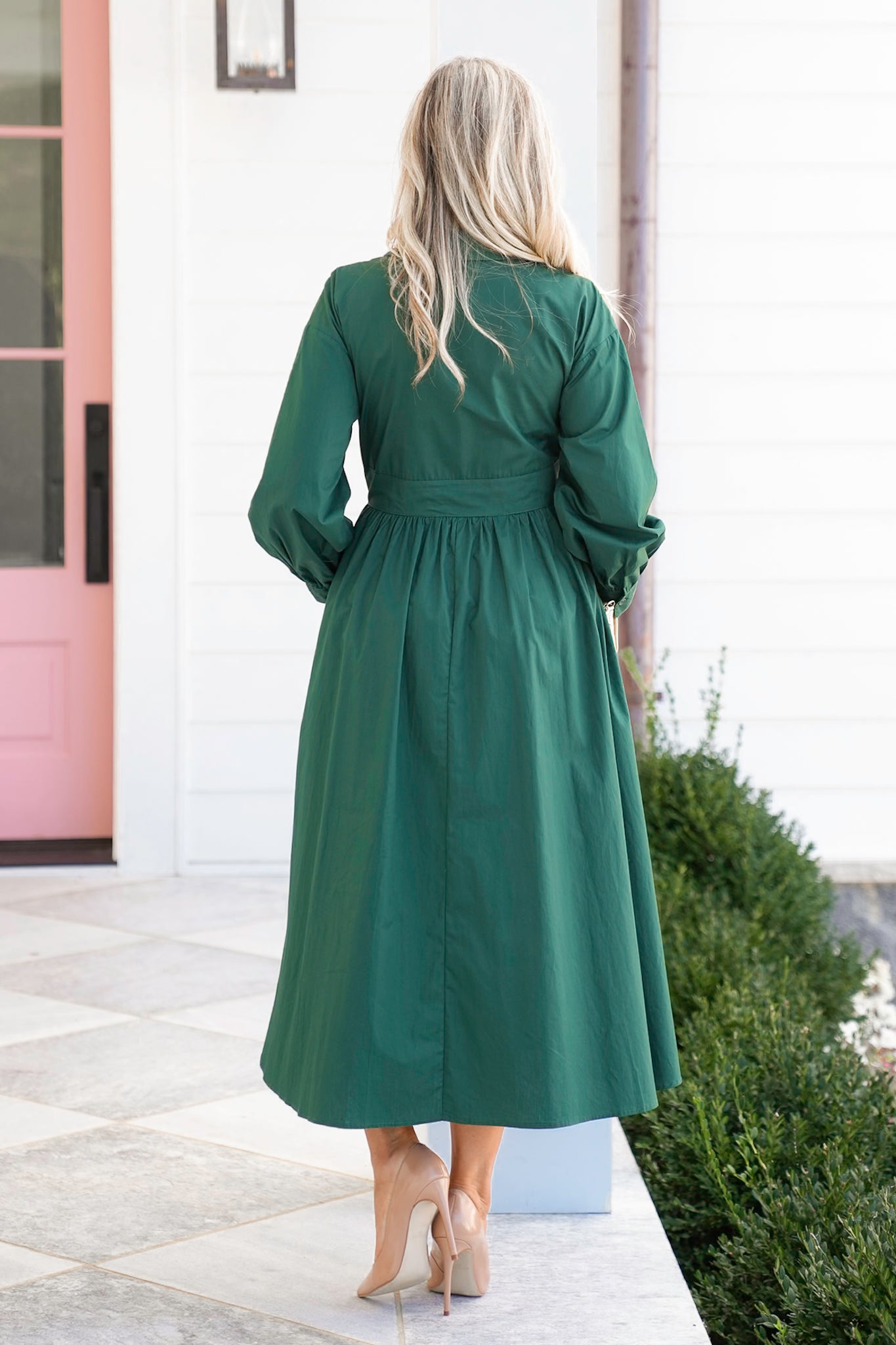 Long Sleeve Button Down Midi Dress with Front Pocket