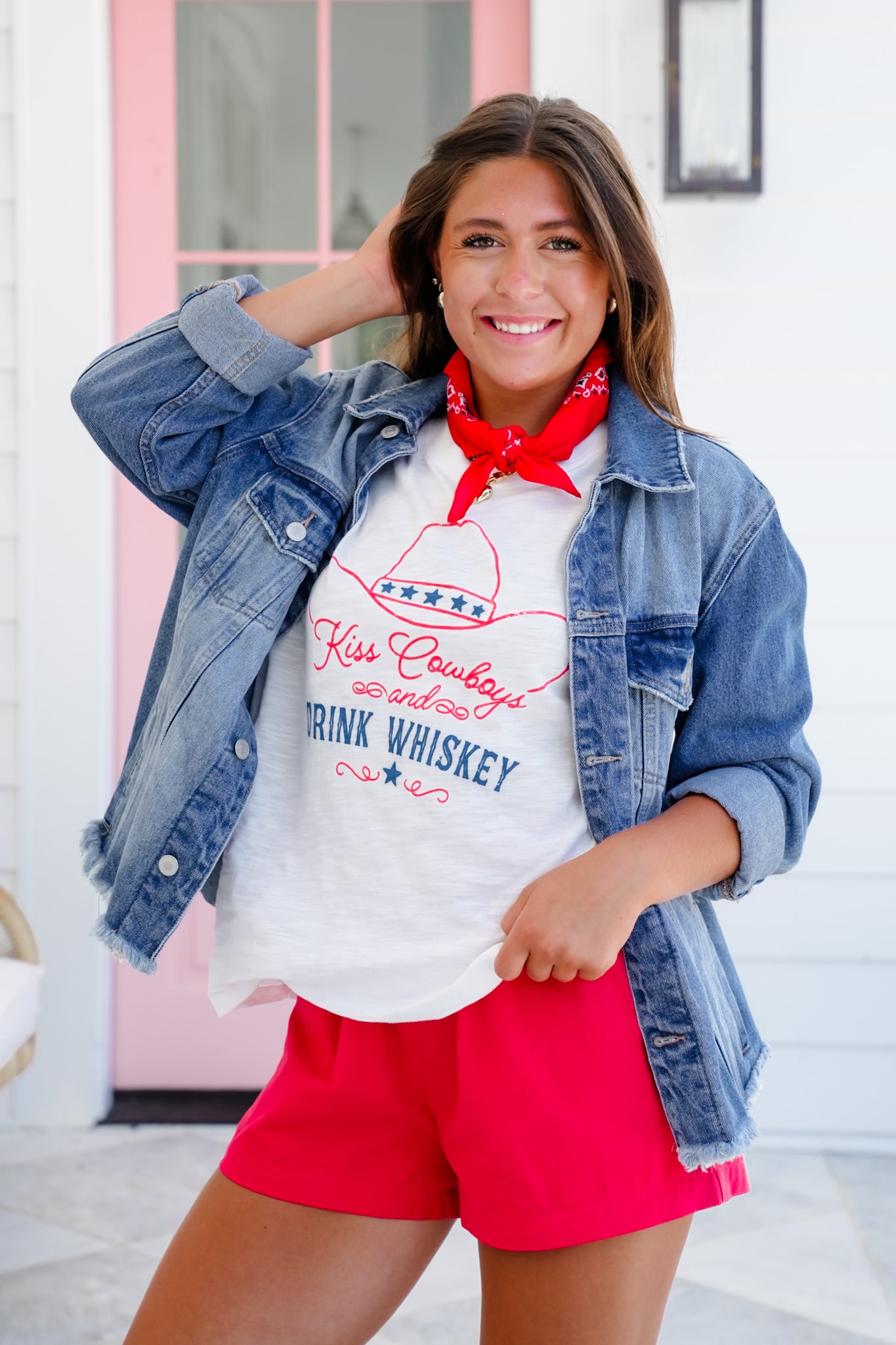 Short Sleeve "Kiss Cowboys and Drink Whiskey" Graphic Top