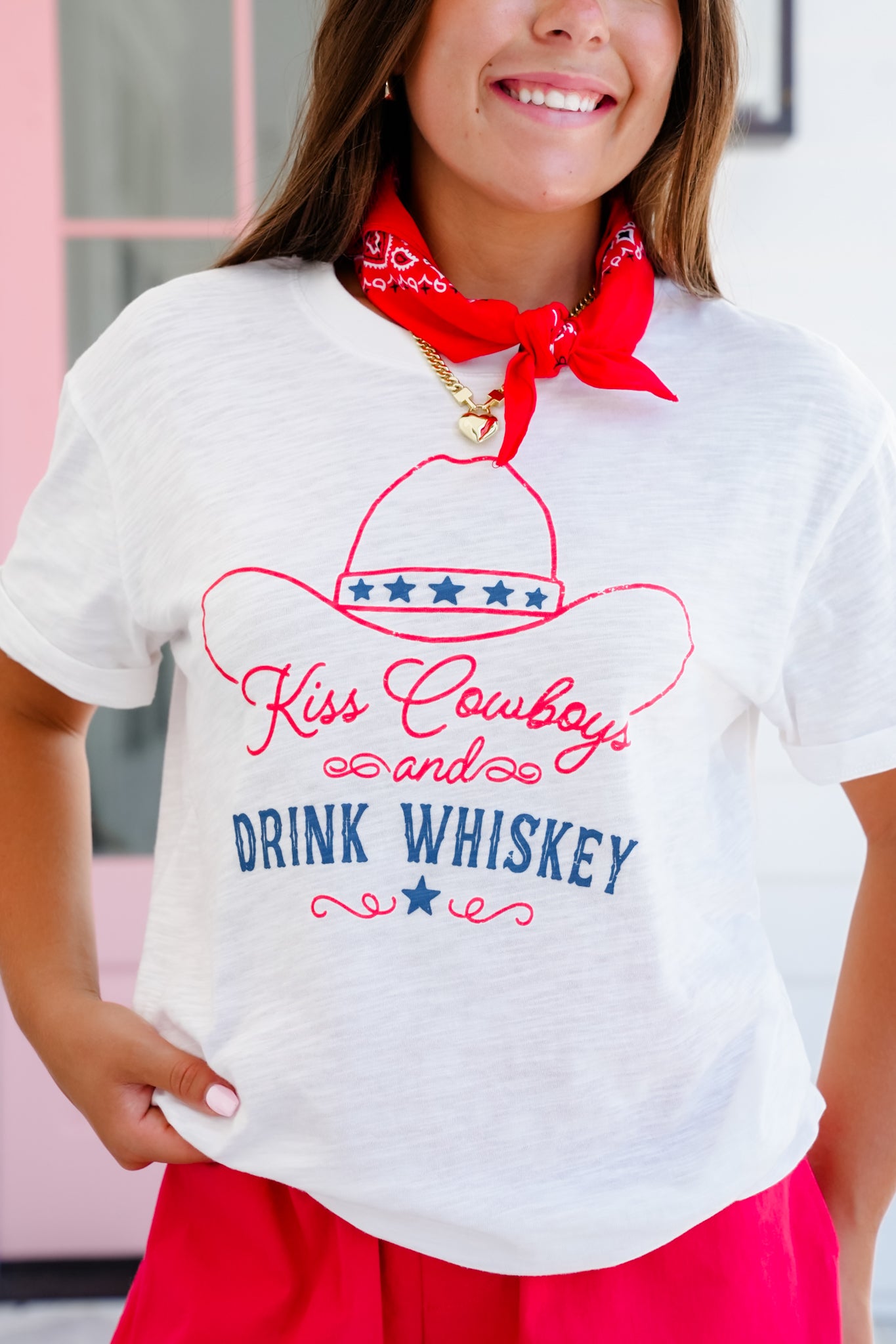 Short Sleeve "Kiss Cowboys and Drink Whiskey" Graphic Top