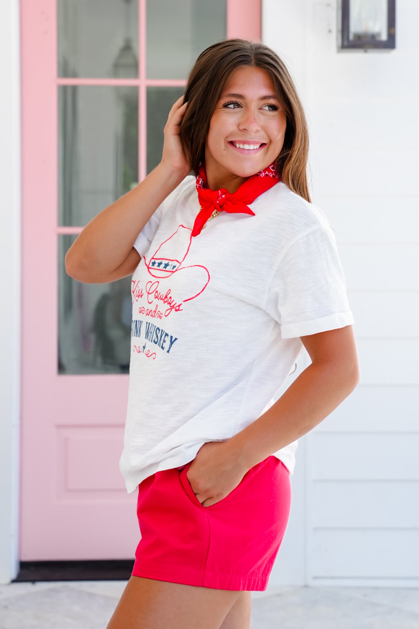 Short Sleeve "Kiss Cowboys and Drink Whiskey" Graphic Top