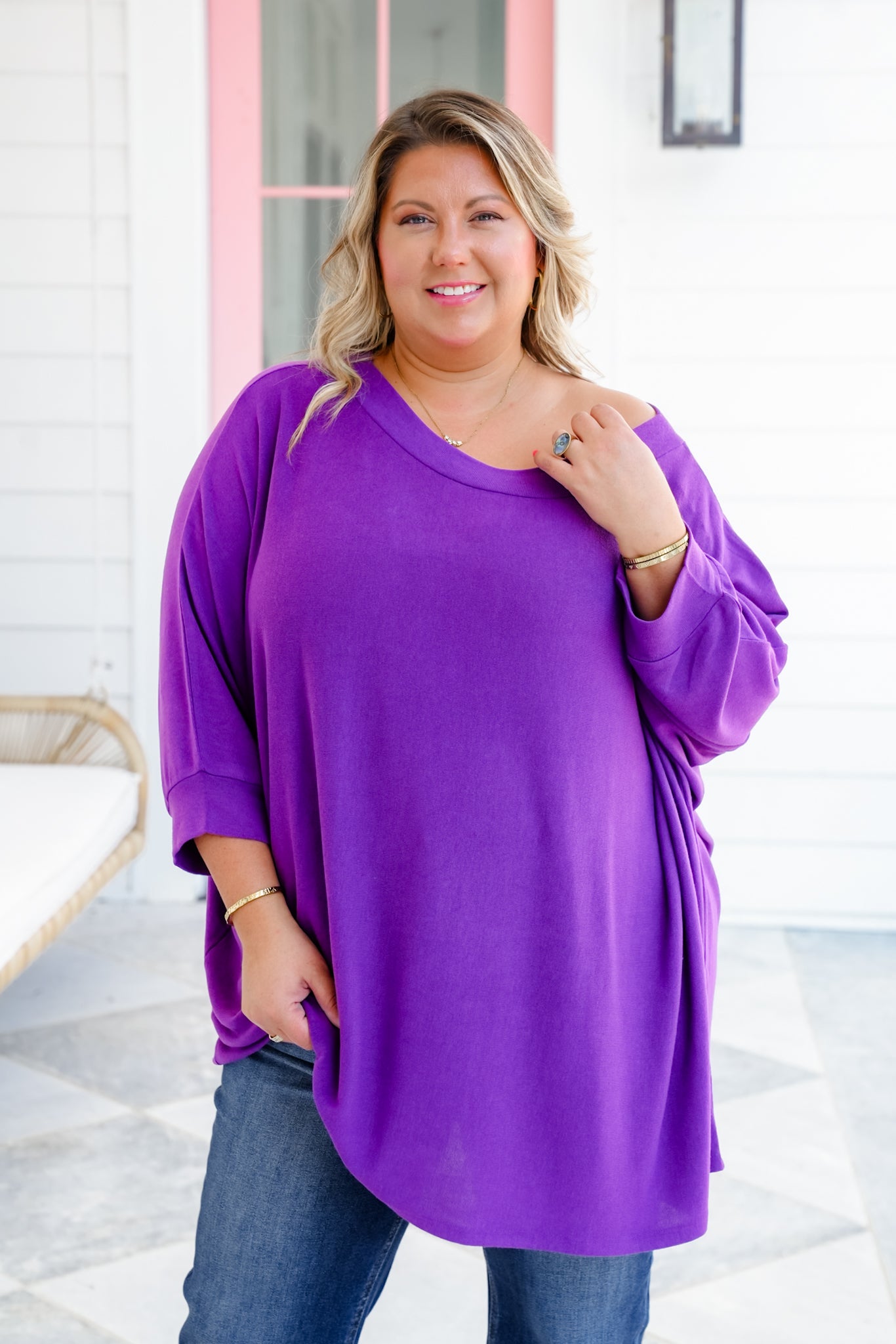 Plus/Reg Long Dolman Sleeve Round Neck Top