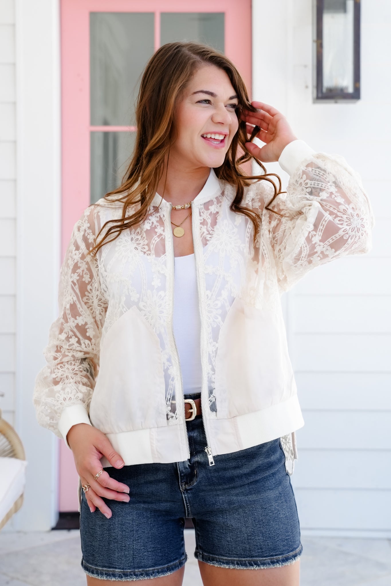 Floral Lace Long Sleeve Zip Up Bomber Jacket