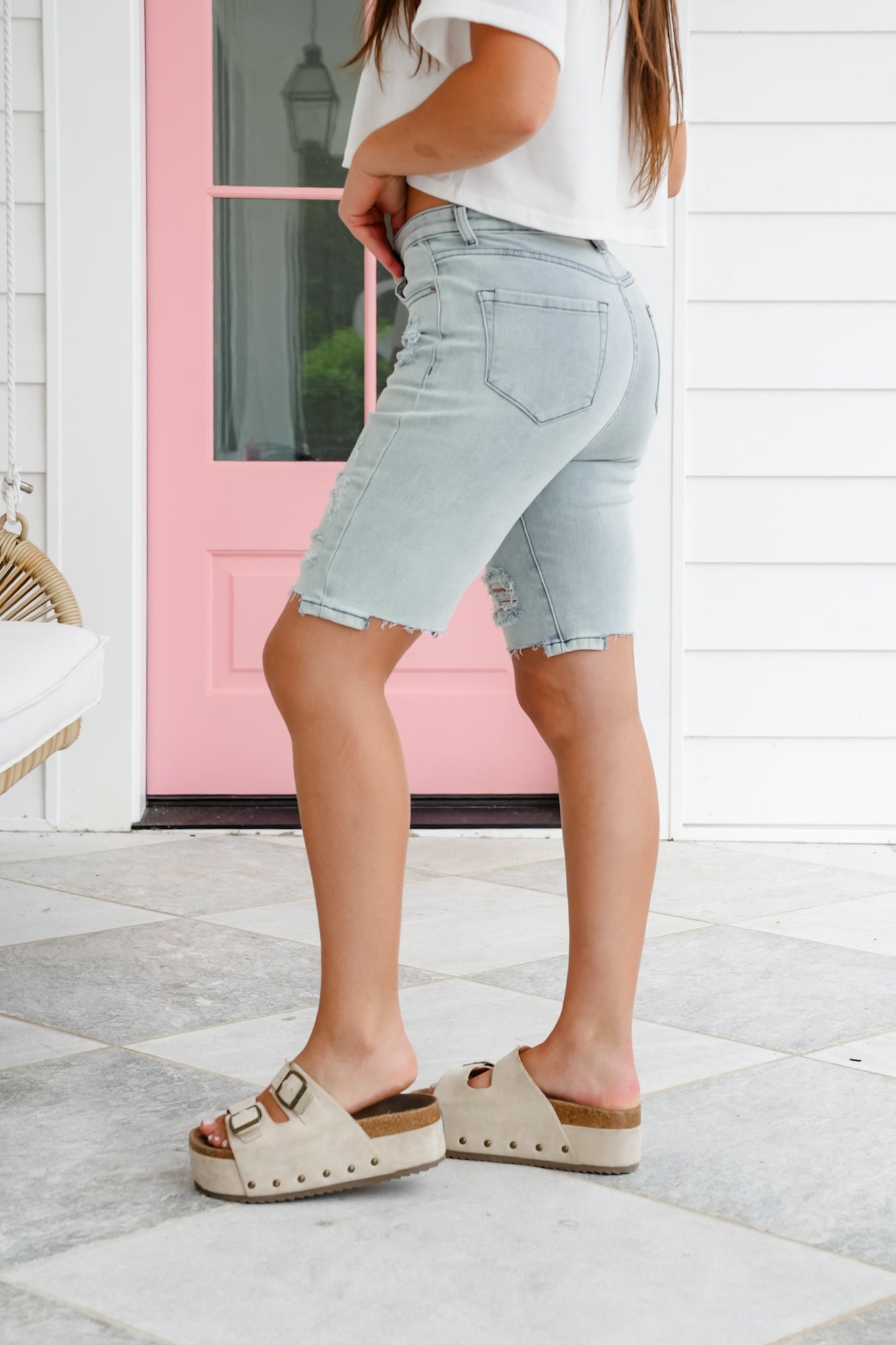 White Birch Light Blue Denim Distressed Shorts