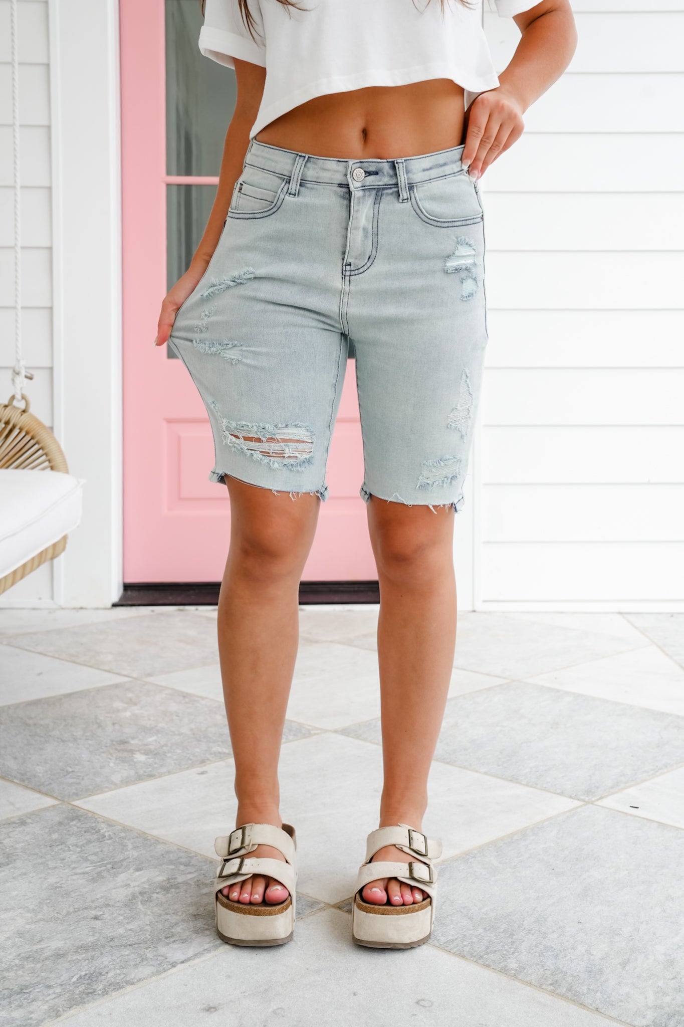 White Birch Light Blue Denim Distressed Shorts