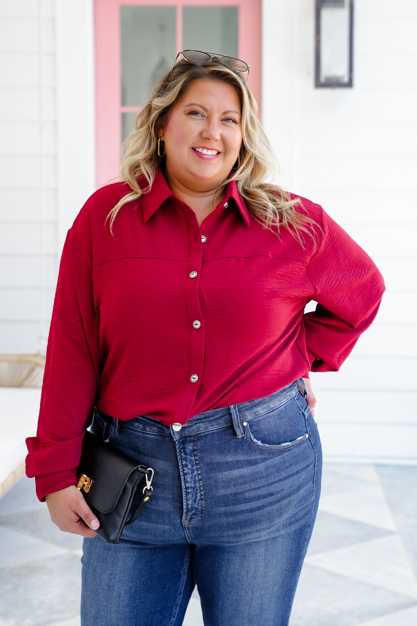 Plus/Reg Textured Long Sleeve Button Down Blouse