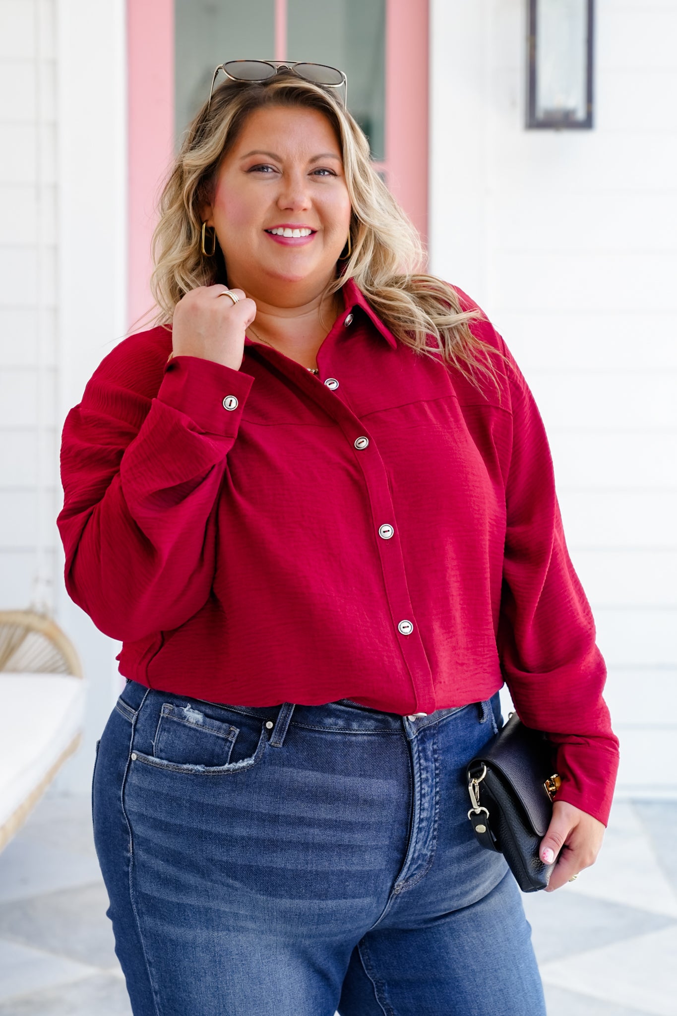 Plus/Reg Textured Long Sleeve Button Down Blouse