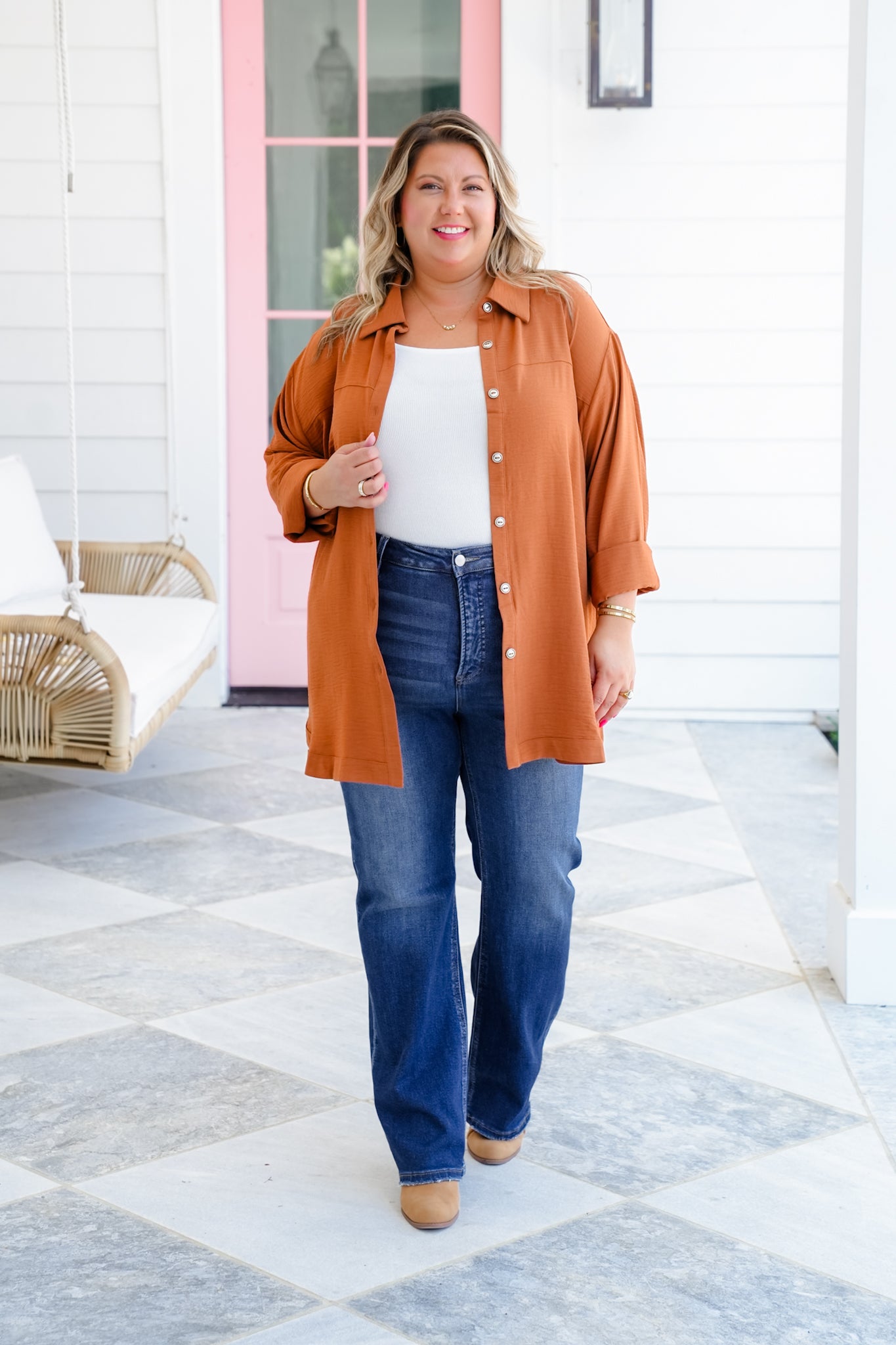 Plus/Reg Textured Long Sleeve Button Down Blouse