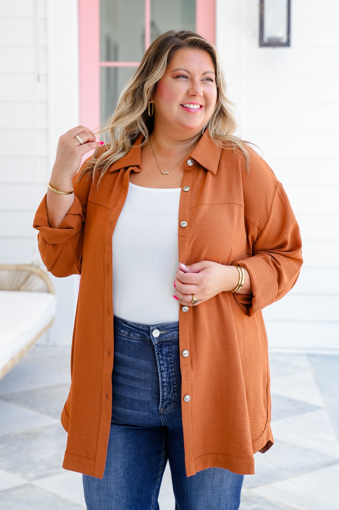Plus/Reg Textured Long Sleeve Button Down Blouse